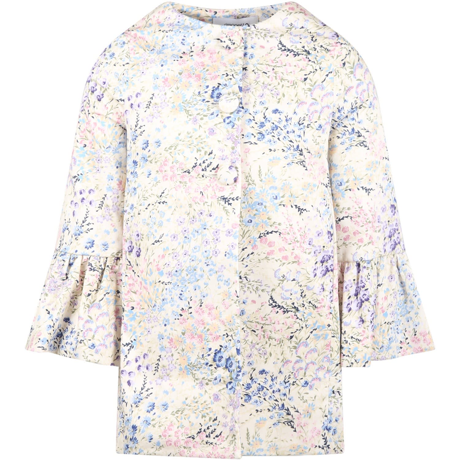 Simonetta Kids' Ivory Coat For Girl With Floral Print In Multicolor
