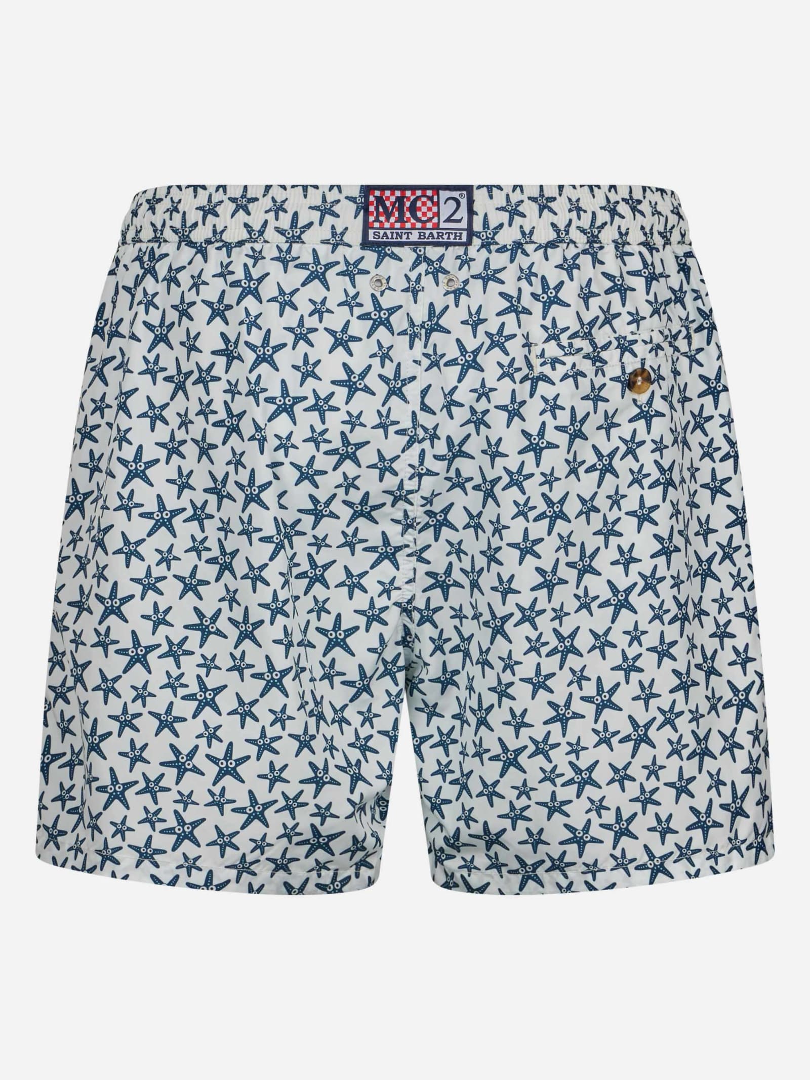 Mc2 Saint Barth Man Lightweight Fabric Swim-shorts Lighting Micro Fantasy With Starfishes Print In White