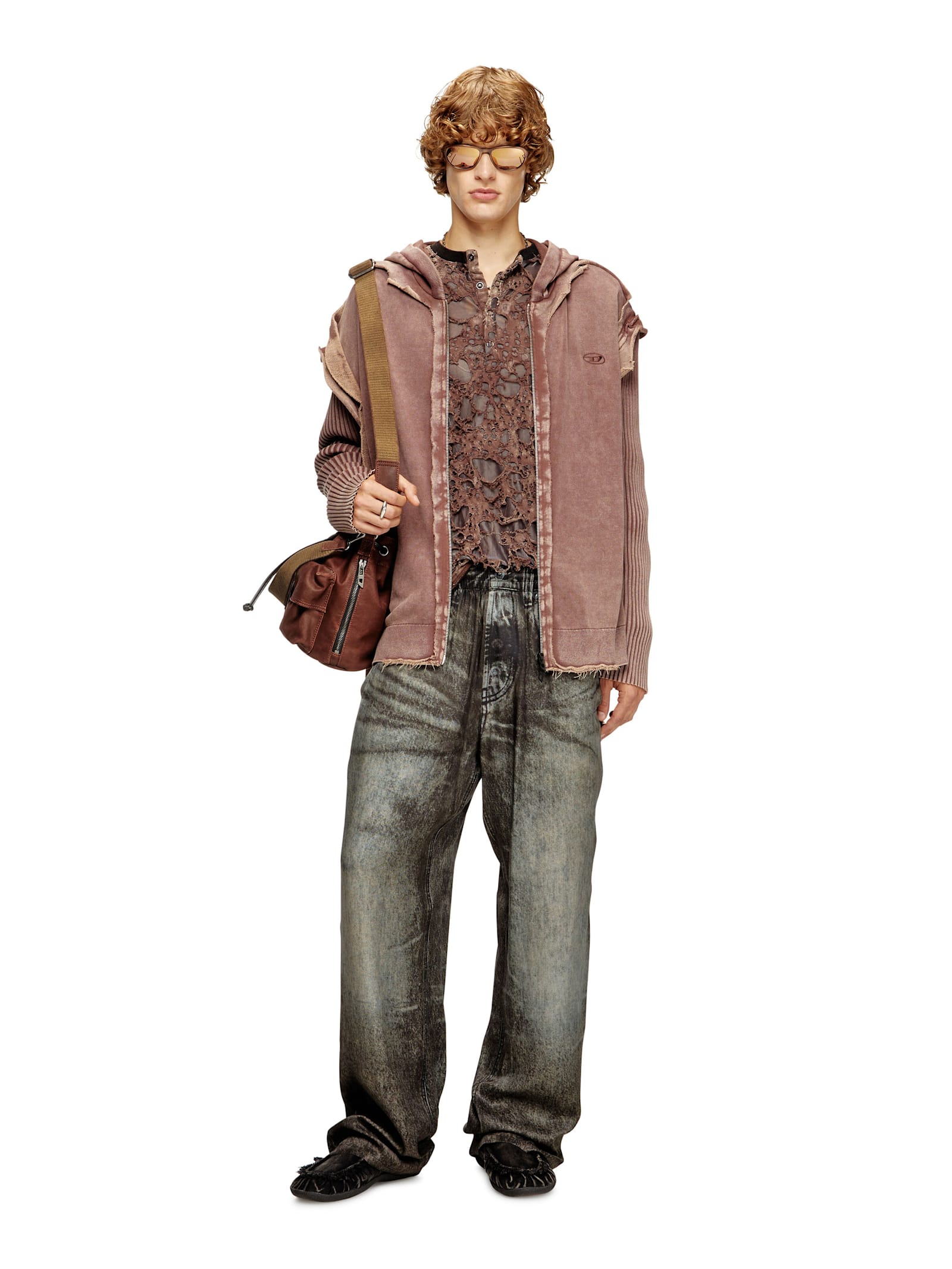 Diesel Hooded Crewneck With Ribbed Sleeves And Distressed Finish In Brown