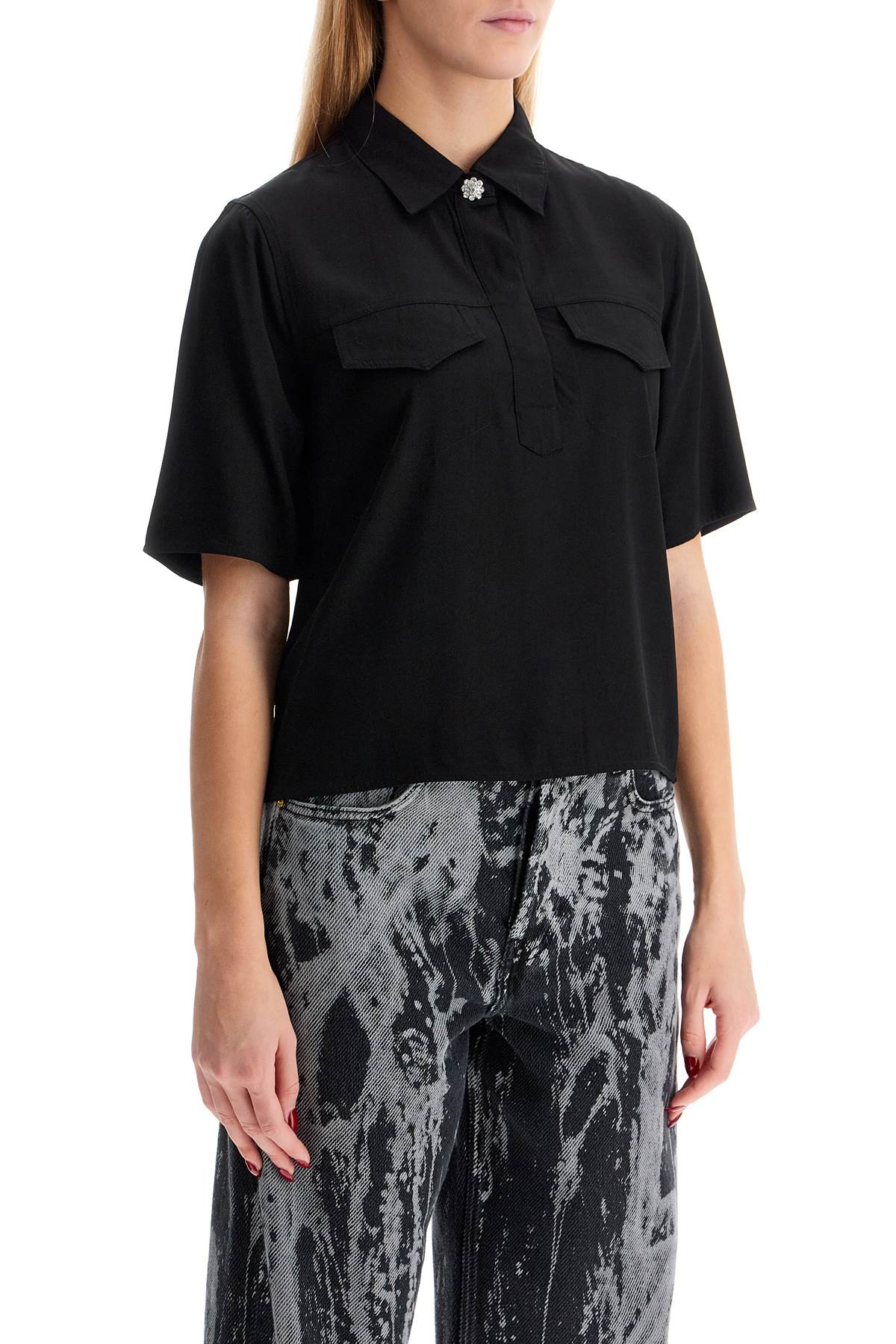 Ganni Short-sleeved Twill Blouse For In Black (black)