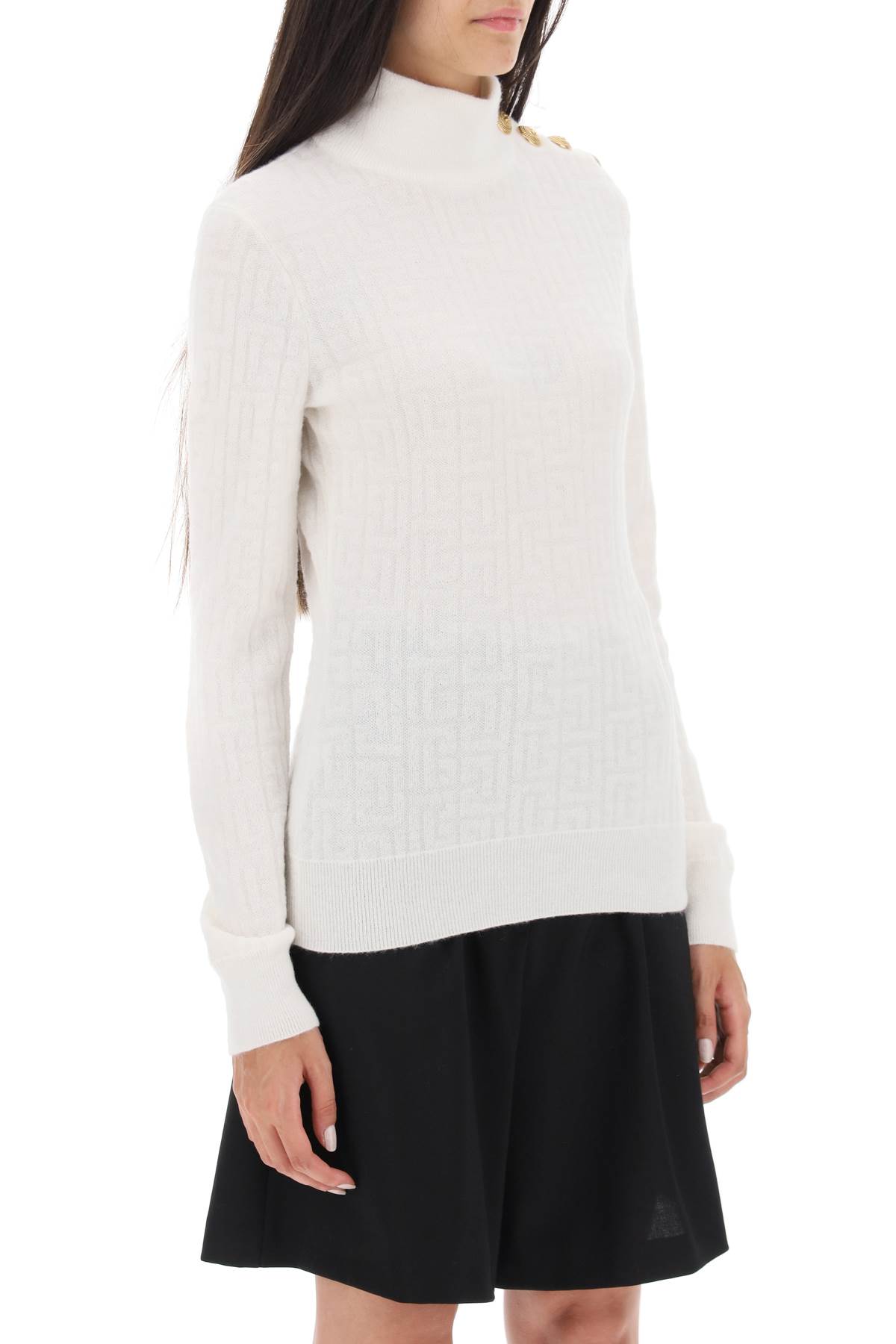 Shop Balmain Sweater In Monogram Knit In Bianco