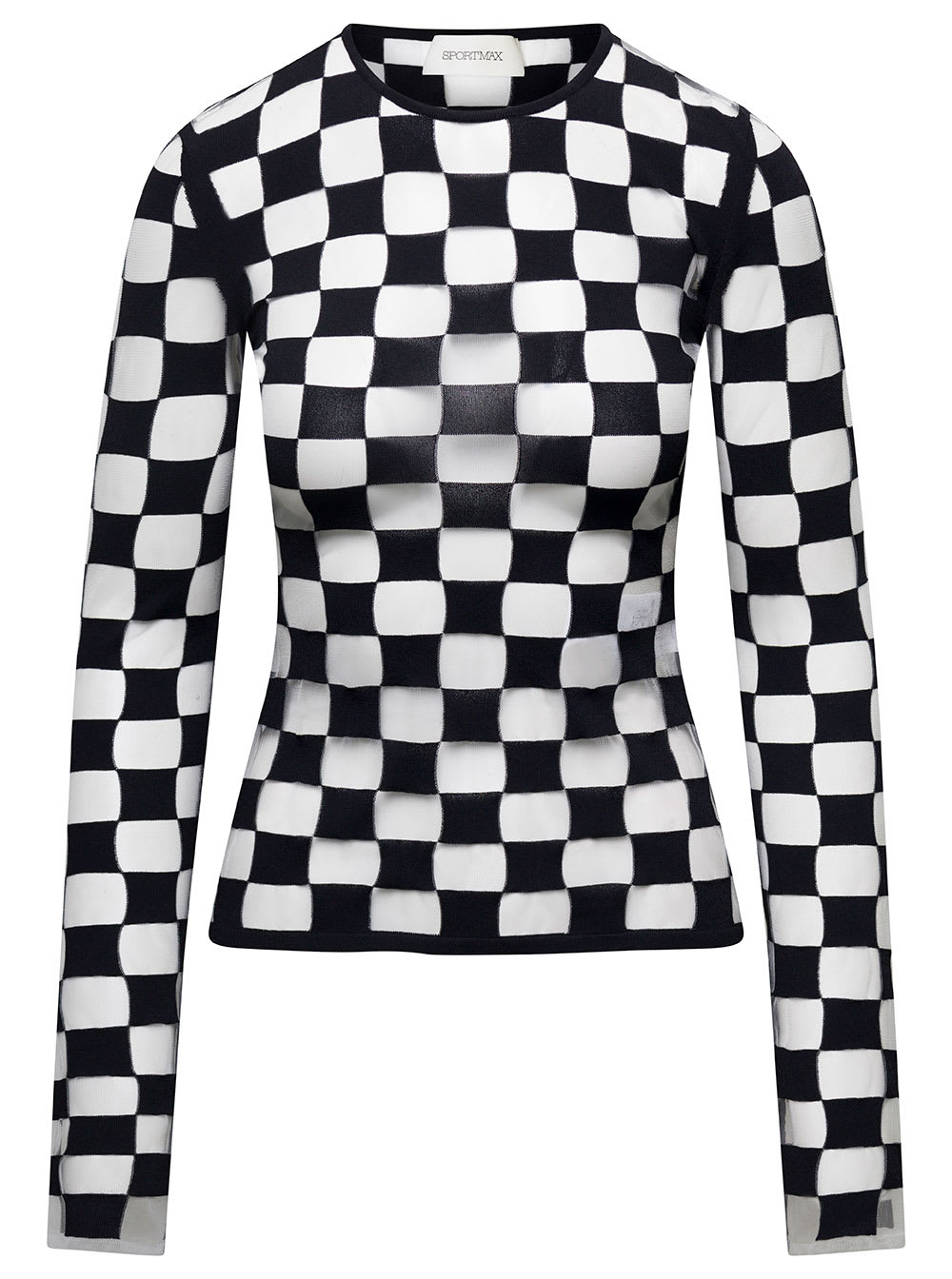 Sportmax Black Top With Extra Long Sleeves And Checkerboard Effect In Trasparent Yarn Intersias Woman