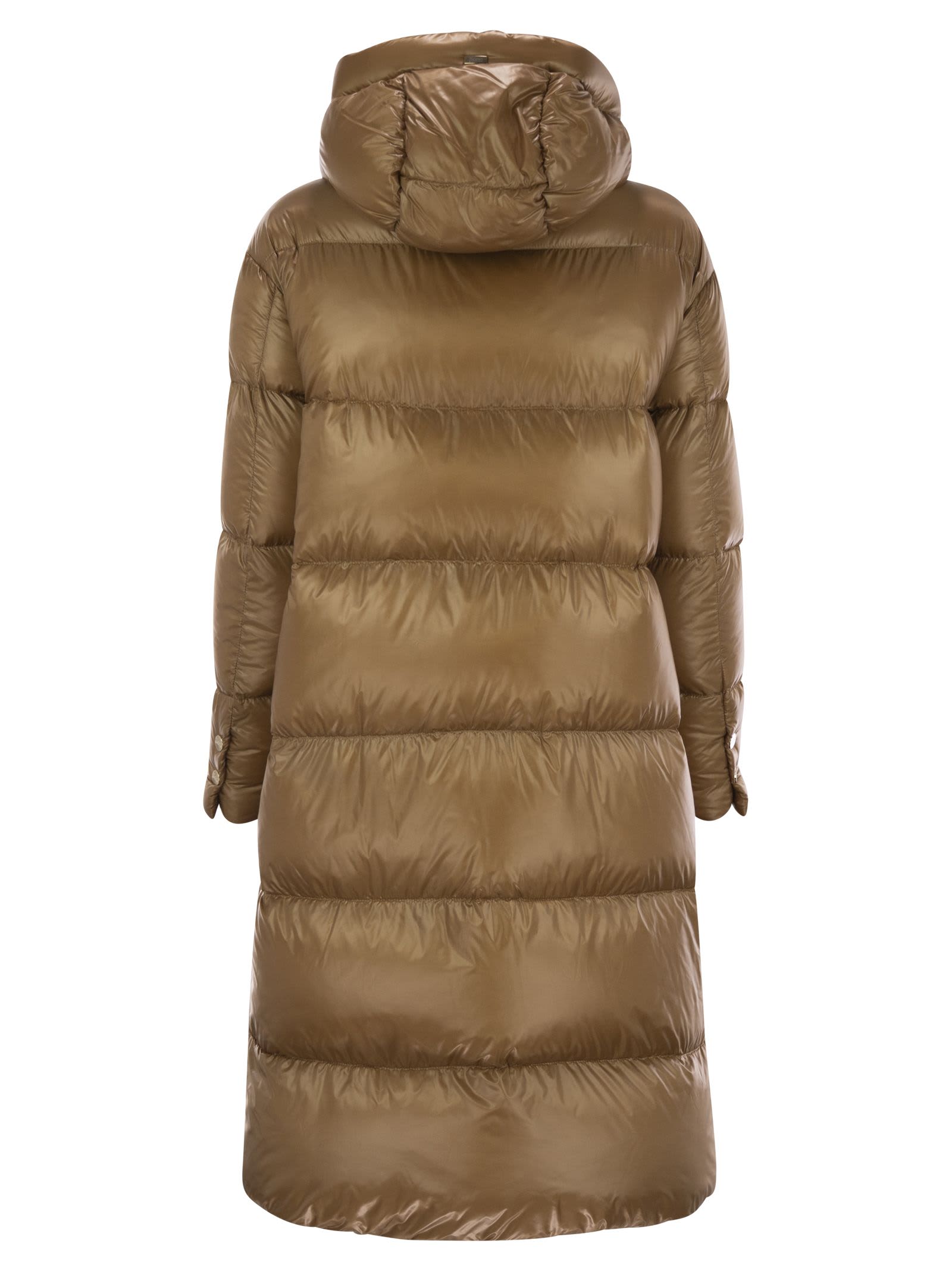 Shop Herno Long Down Jacket With Hood In Camel