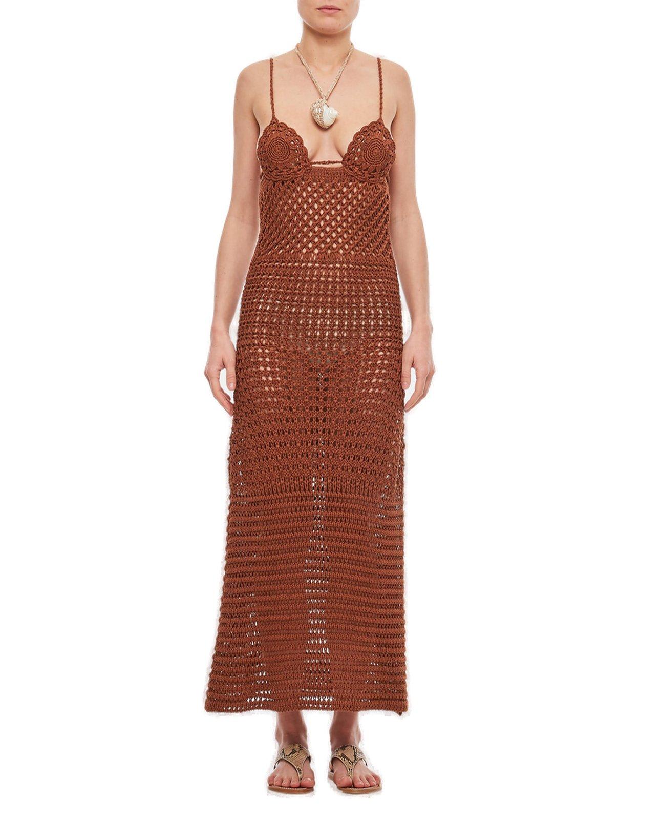 Shop Alanui Mother Nature Crochet Sleeveless Dress In Brown