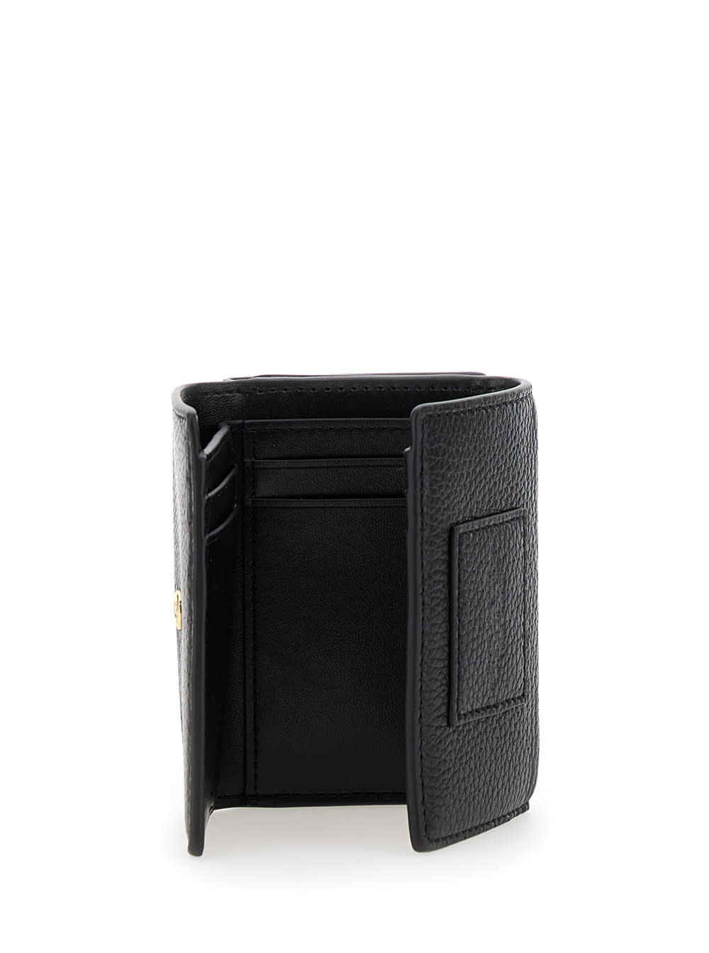 Marc Jacobs The Wallet Trifold Black Wallet With Engraved Logo On The Front In Hammered Leather Woman In Black