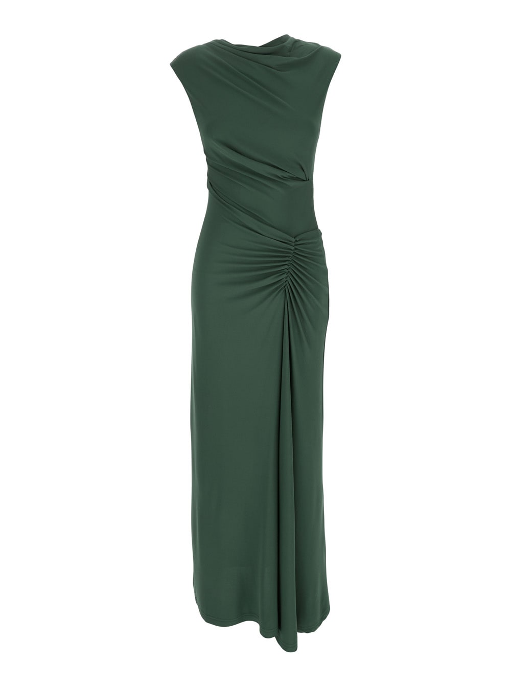 acacia Green Crewneck Sleeveless Long Dress With Ruched Details On The Waist In Rayon Stretch Woman