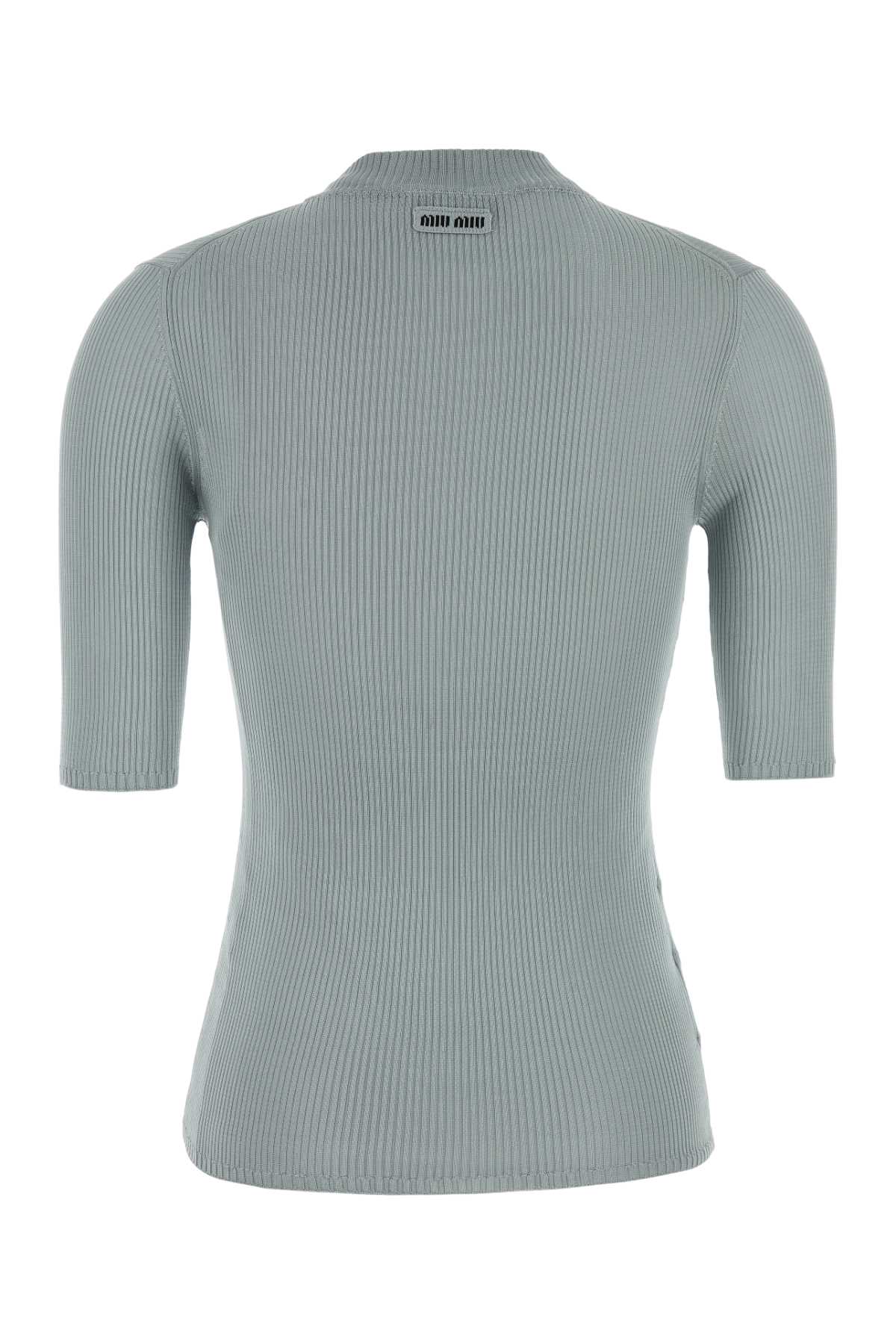 Miu Miu Silk Top With Mock Neck And Short Sleeves In Gray