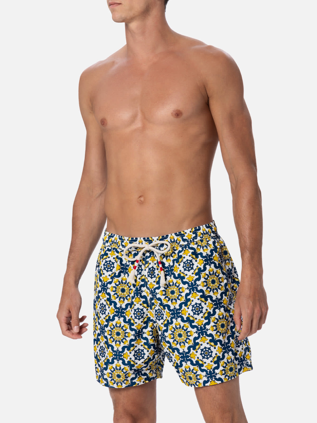 Mc2 Saint Barth Man Lightweight Fabric Swim-shorts Lighting 70 With Majolica Print In Blue