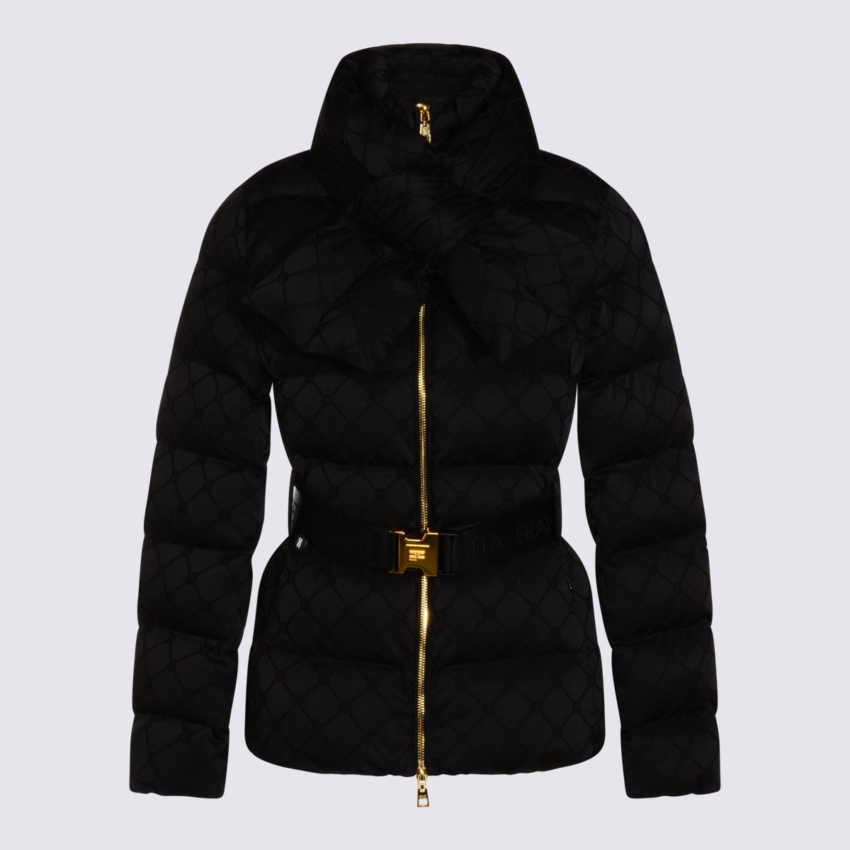 Elisabetta Franchi Jacquard Sail Fabric Down Jacket With Belt Clothing In Black