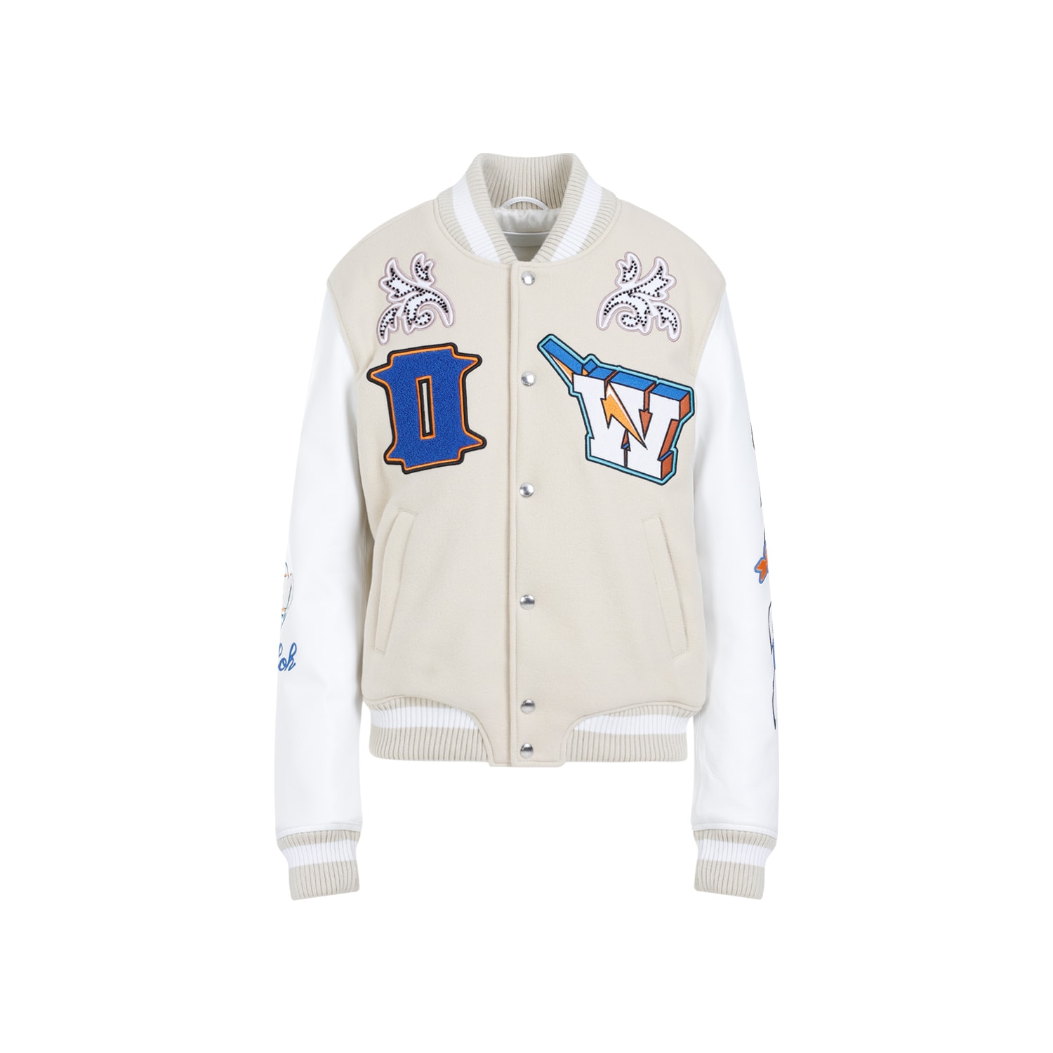 Shop Off-white Thunderbolt Varsity Bomber Jacket In Beige White