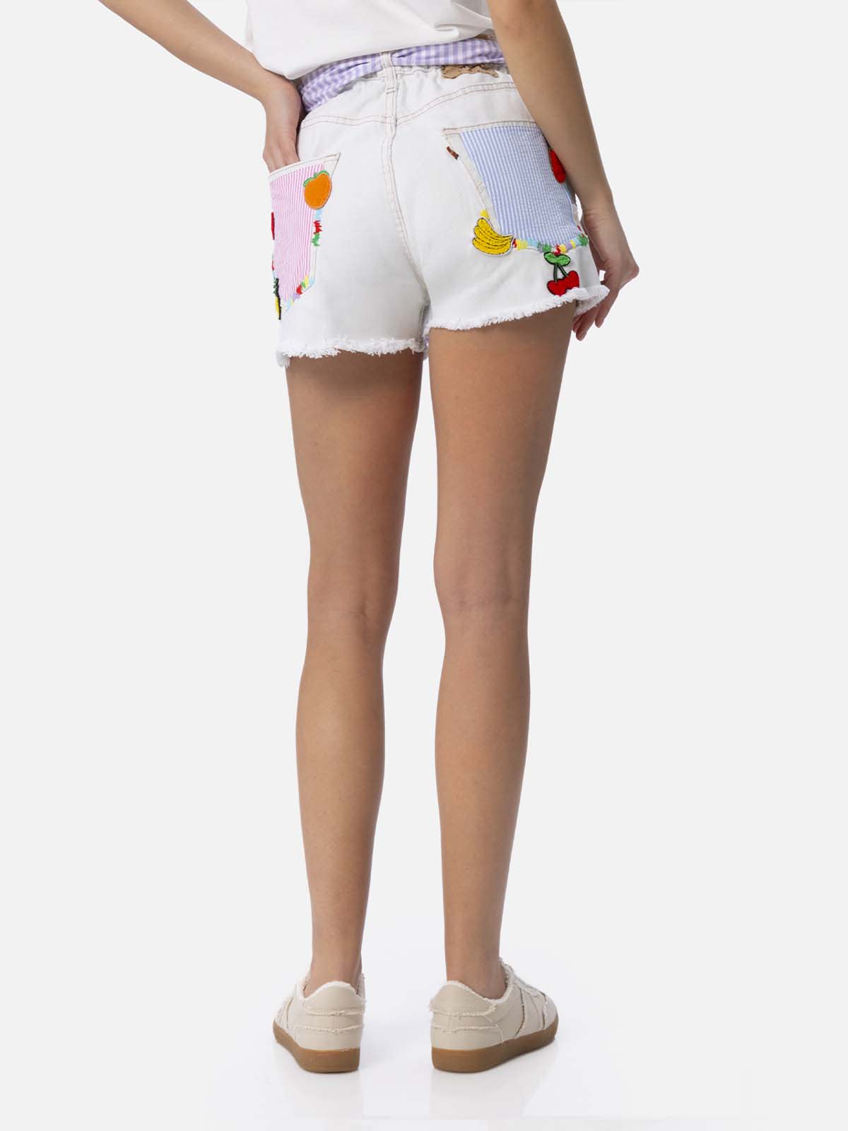 Mc2 Saint Barth Woman Upcycled Denim Shorts Arizona With Patches In White