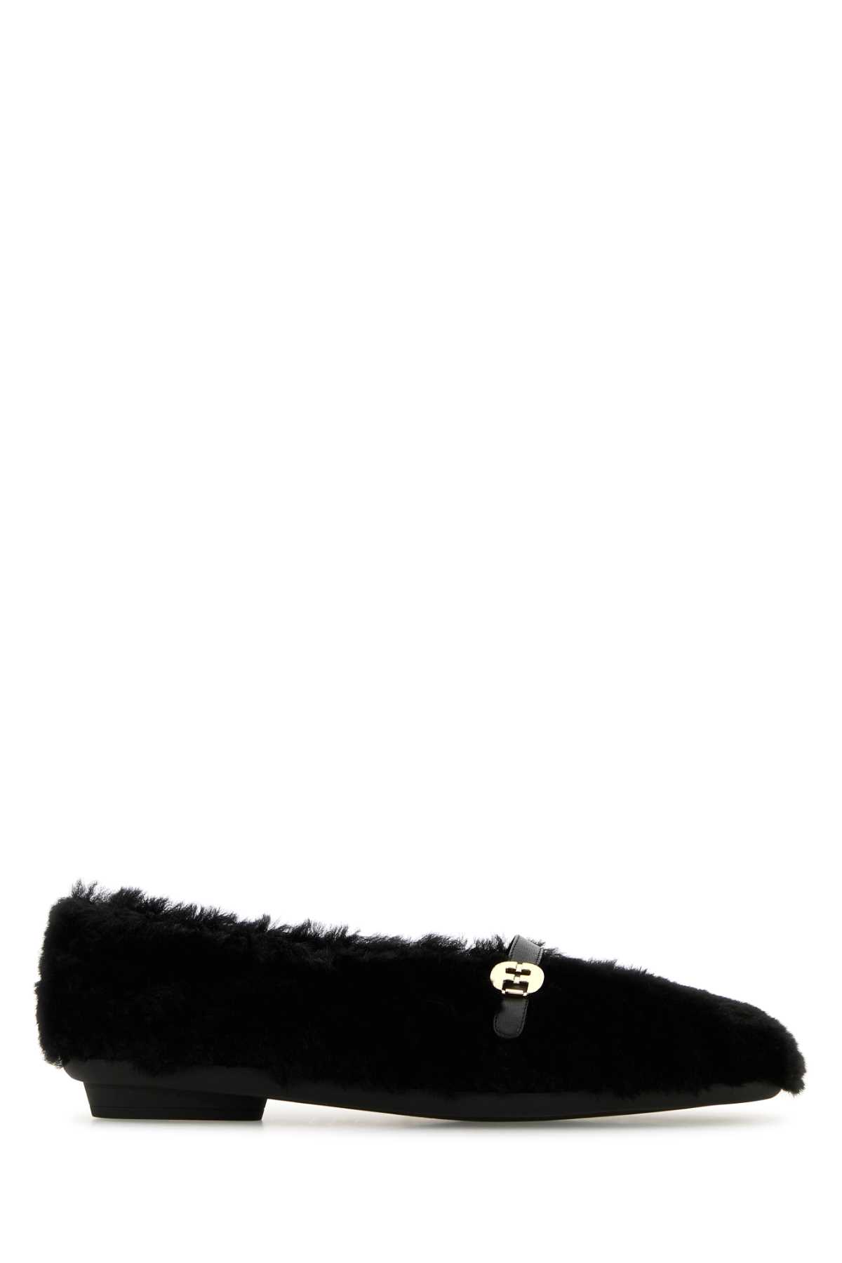 Ferragamo Black Shearling Noella Ballerinas