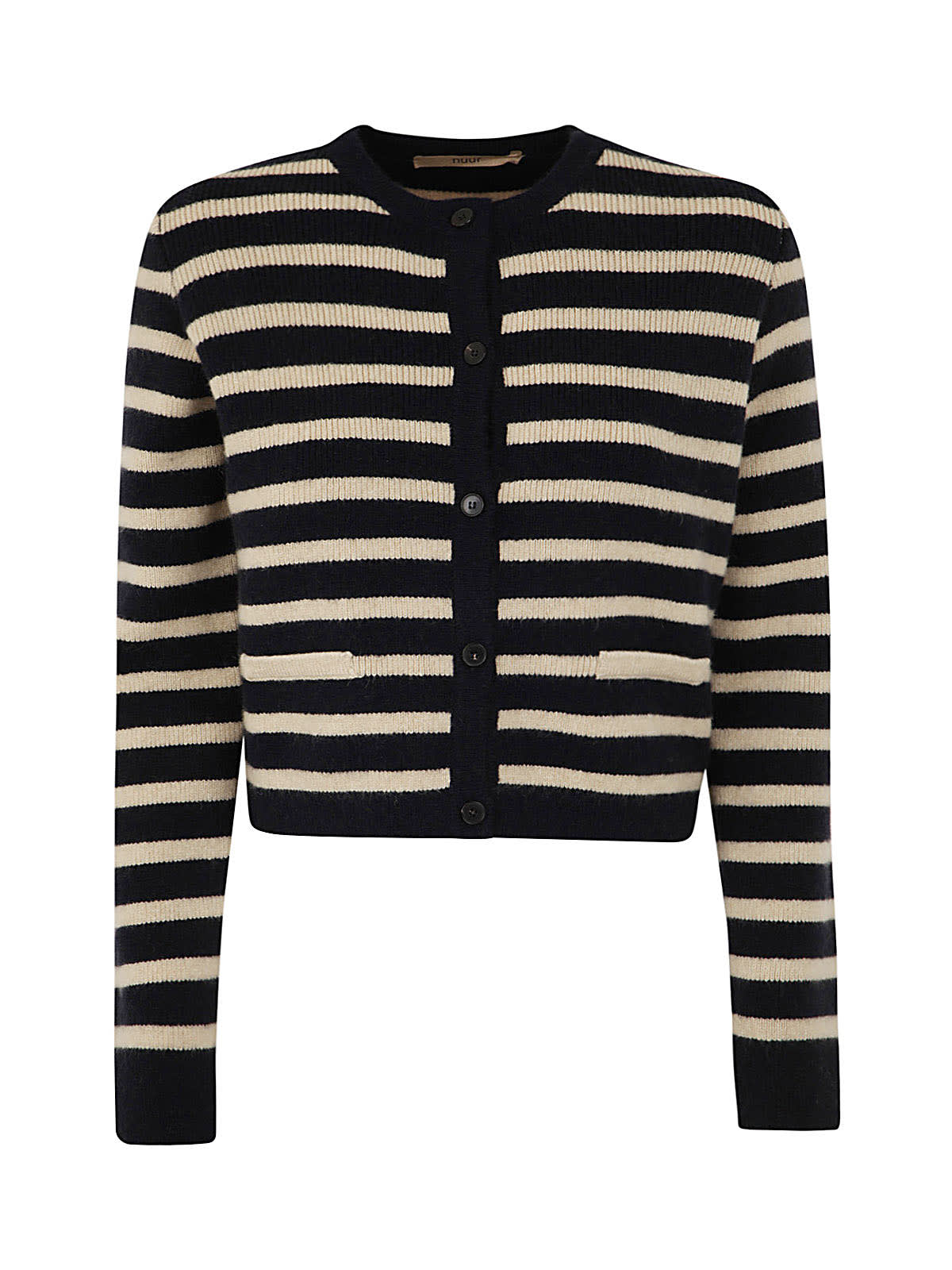 Nuur Korean Style Striped Cardigan In Navy Nat