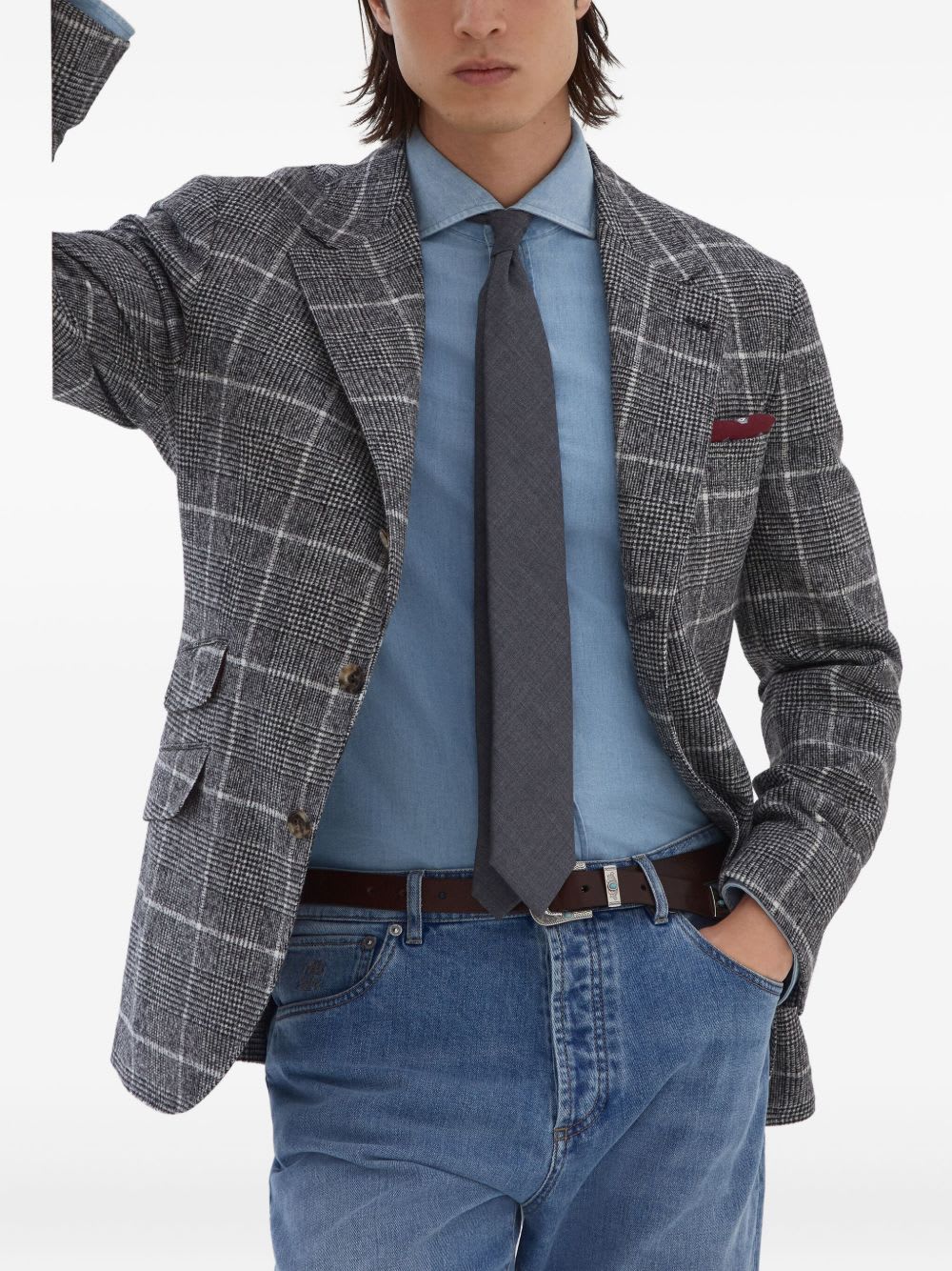 Brunello Cucinelli Deconstructed Wool Jacket Checked Pattern In Blue