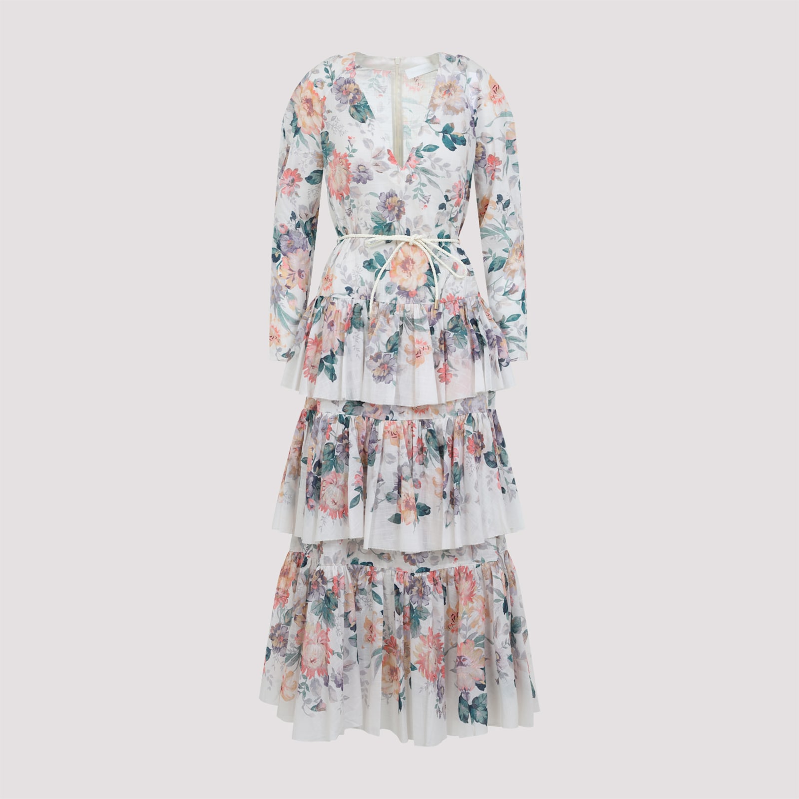 Zimmermann Beige Acacia Printed Cotton Long Dress In Cmfl Cream Multi Floral