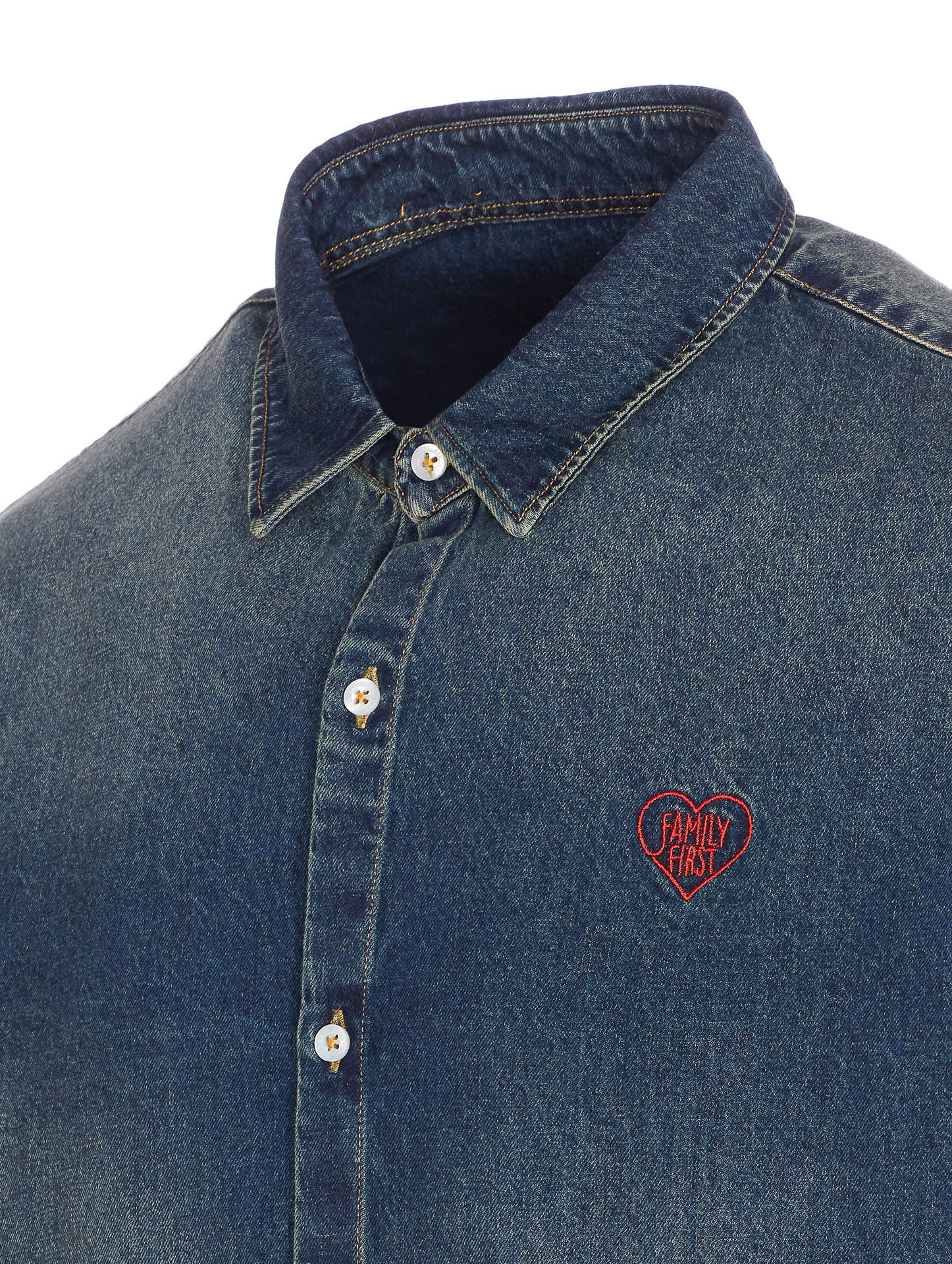 Family First Embroidered-heart Denim Shirt In Blue