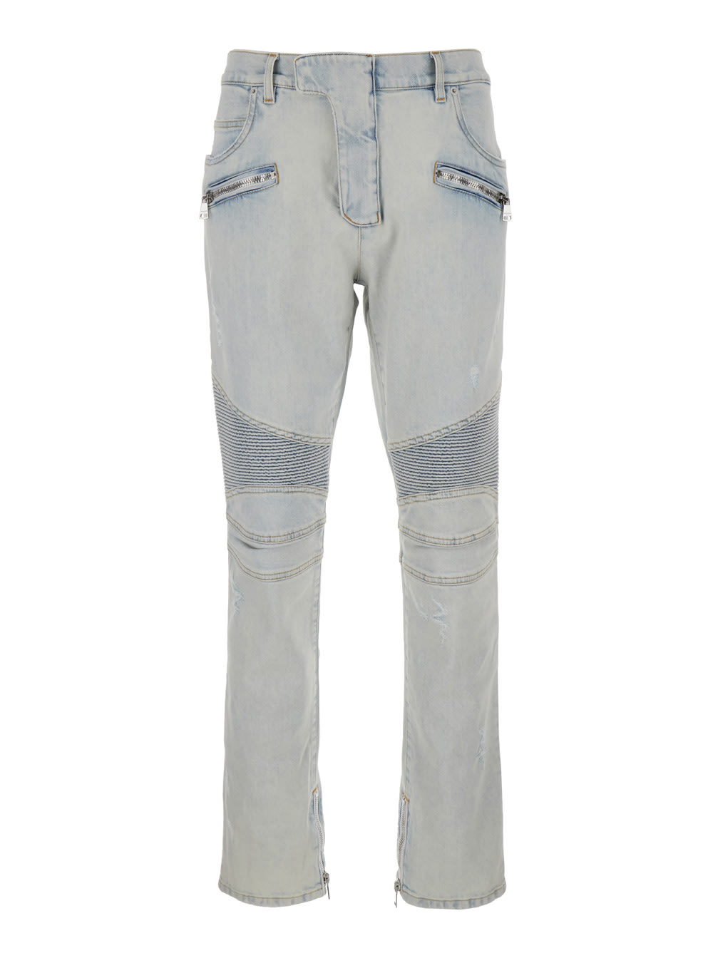 Light Blue Skinny Jeans With Logo Patch And Ribbed Knees In Stretch Cotton Denim Man