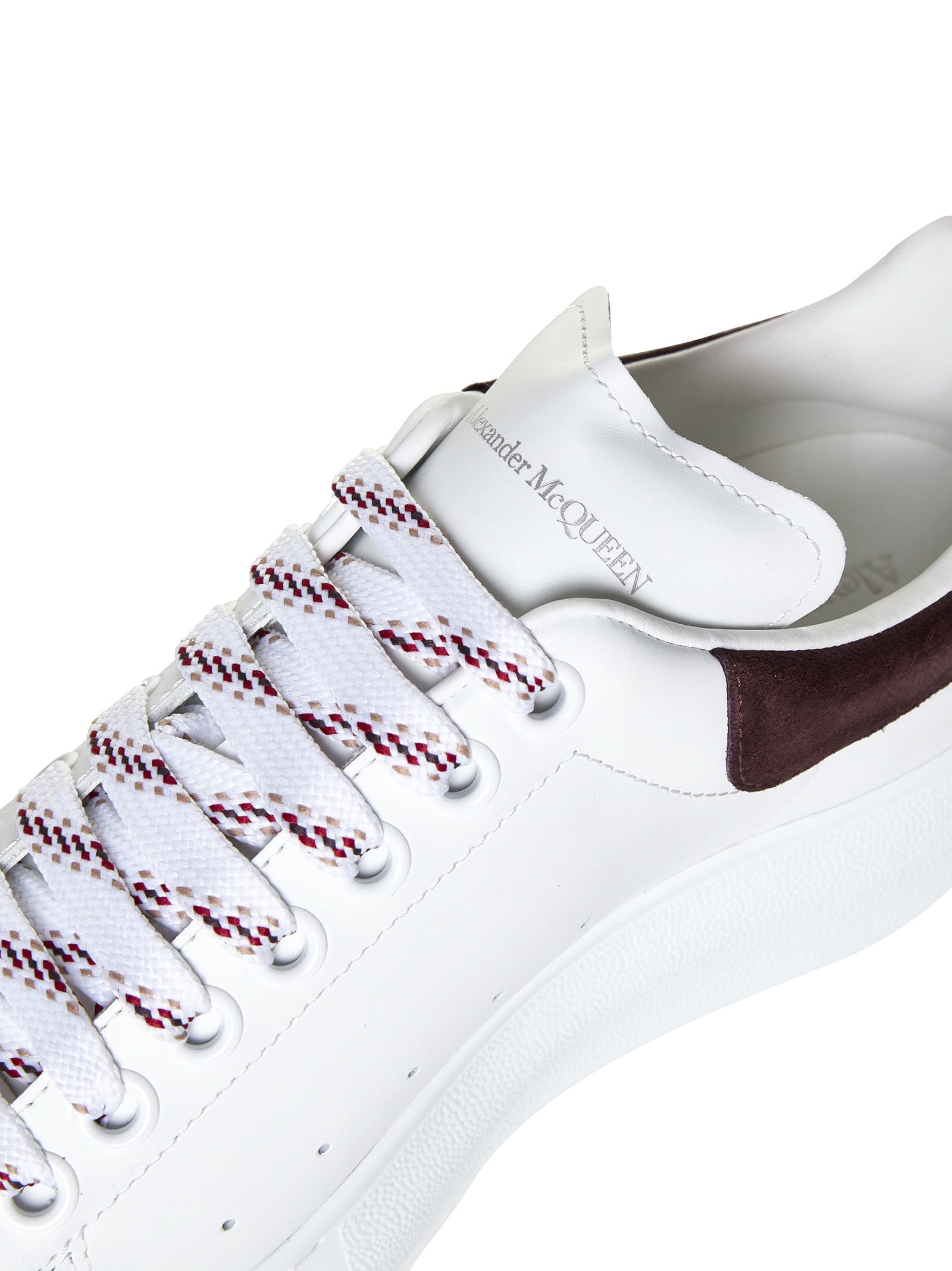 Alexander Mcqueen White Leather Sneakers With Chocolate Leather Heel In White Dark Burgundy