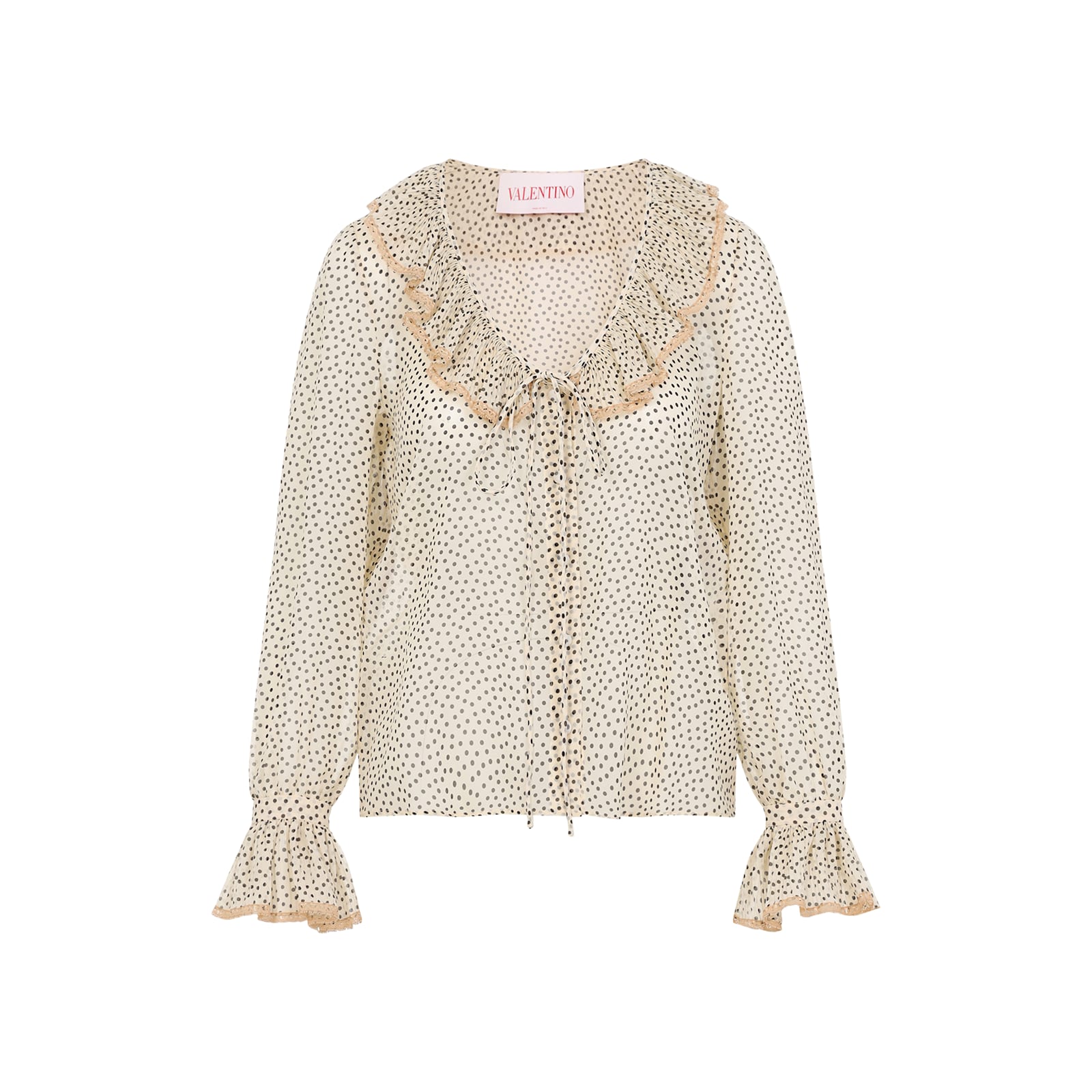Valentino Silk Blouse With Ruffled Neckline And Polka Dot Pattern In E Betulla Nero
