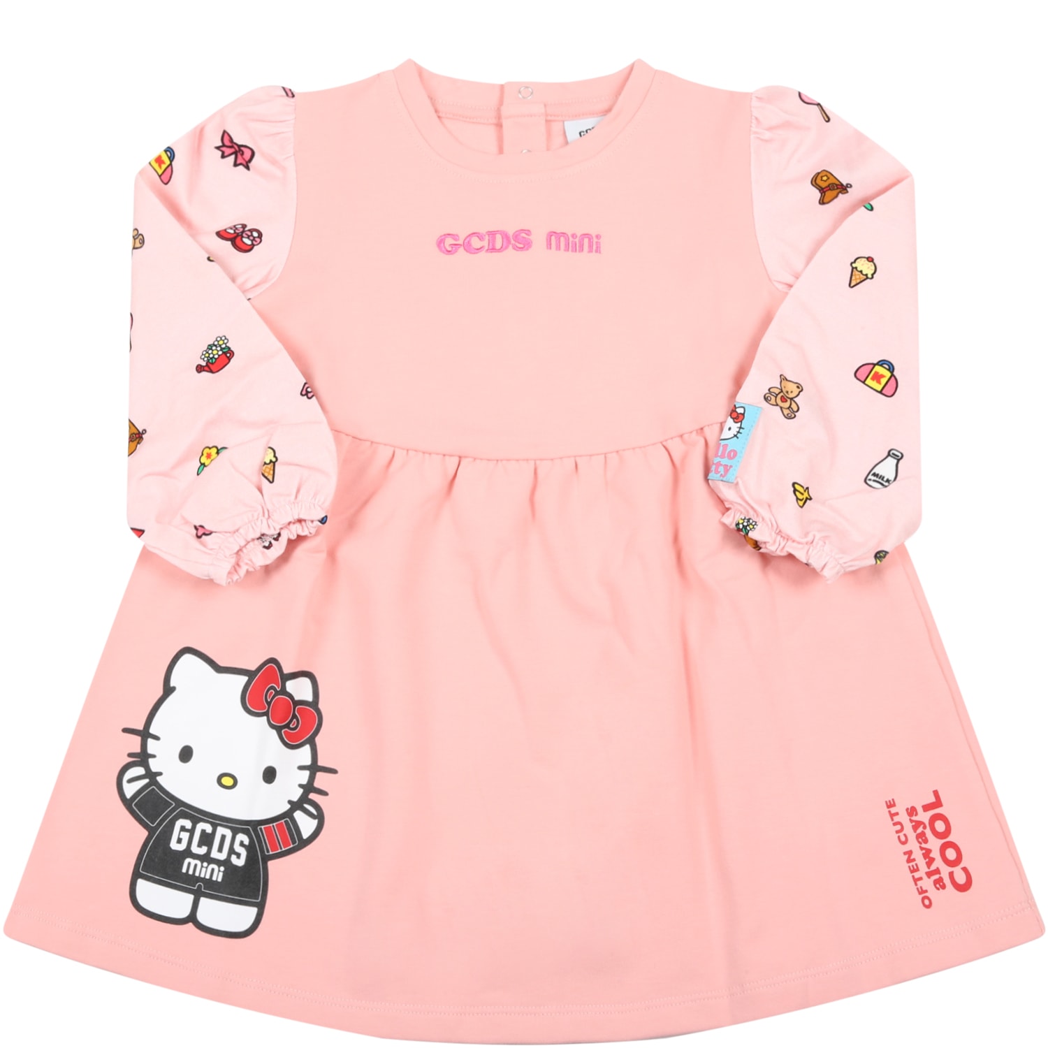 GCDS Mini Pink Dress For Baby Girl With Hello Kitty And Logo