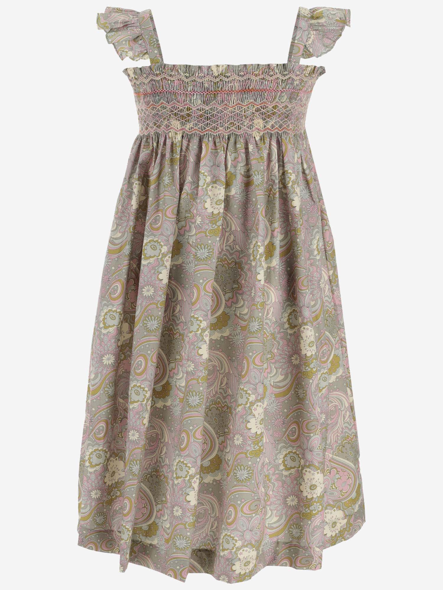 Shop Bonpoint Cotton Dress With Floral Pattern In Beige