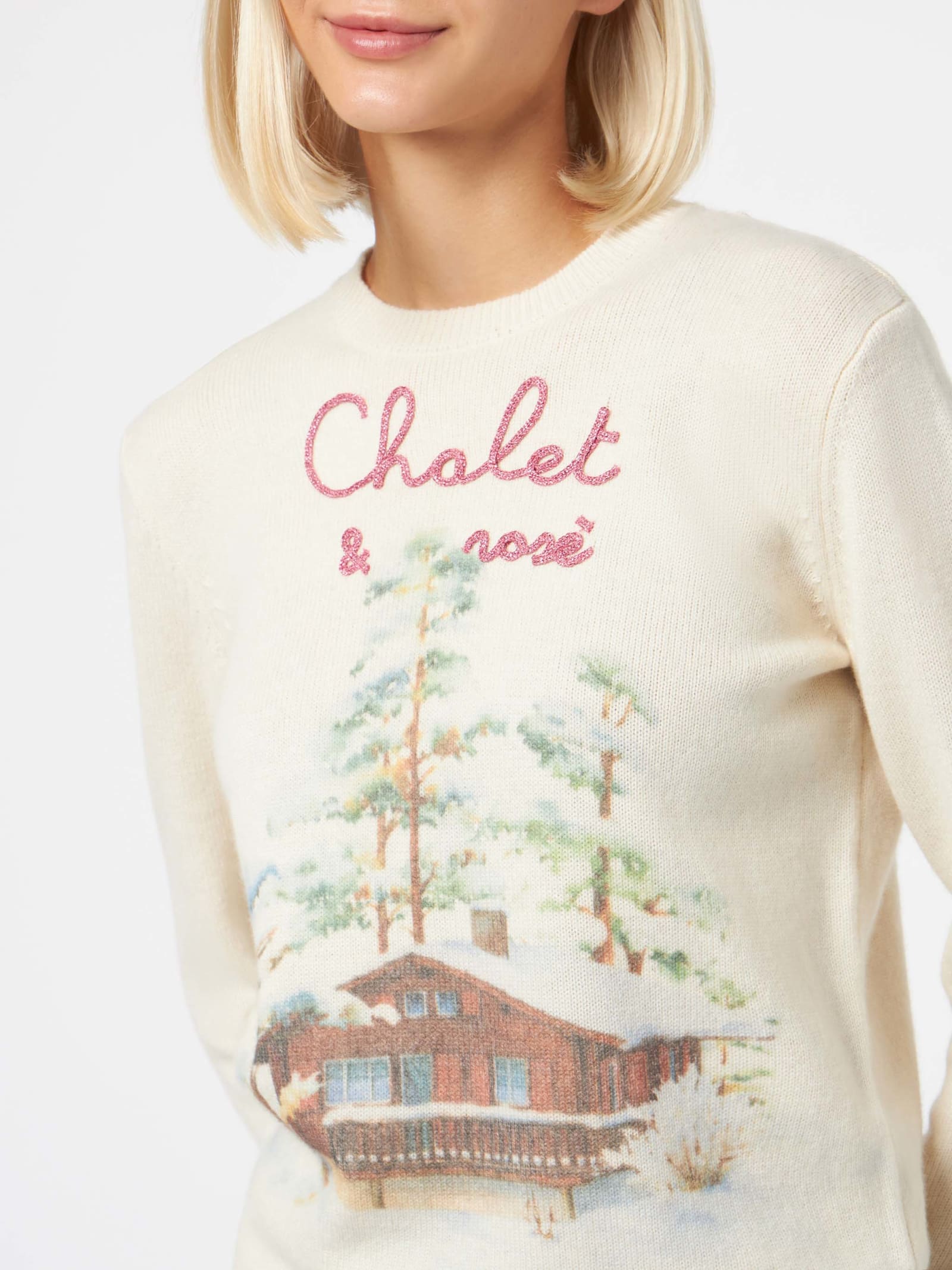 Shop Mc2 Saint Barth Woman Crewneck Sweater With Chalet & Rosè Embroidery In White