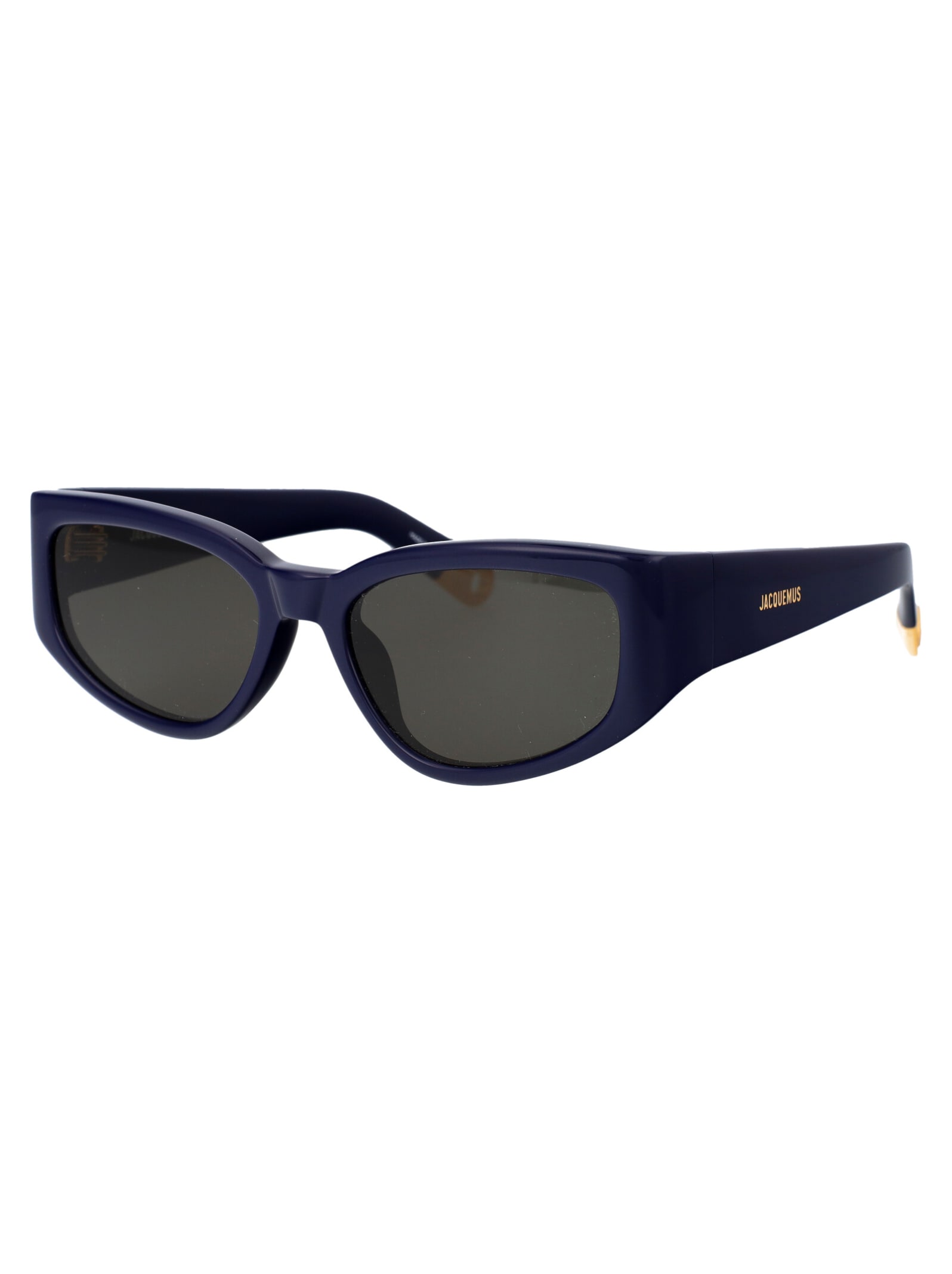 Shop Jacquemus Gala Sunglasses In 04 Navy/ Yellow Gold/ Grey