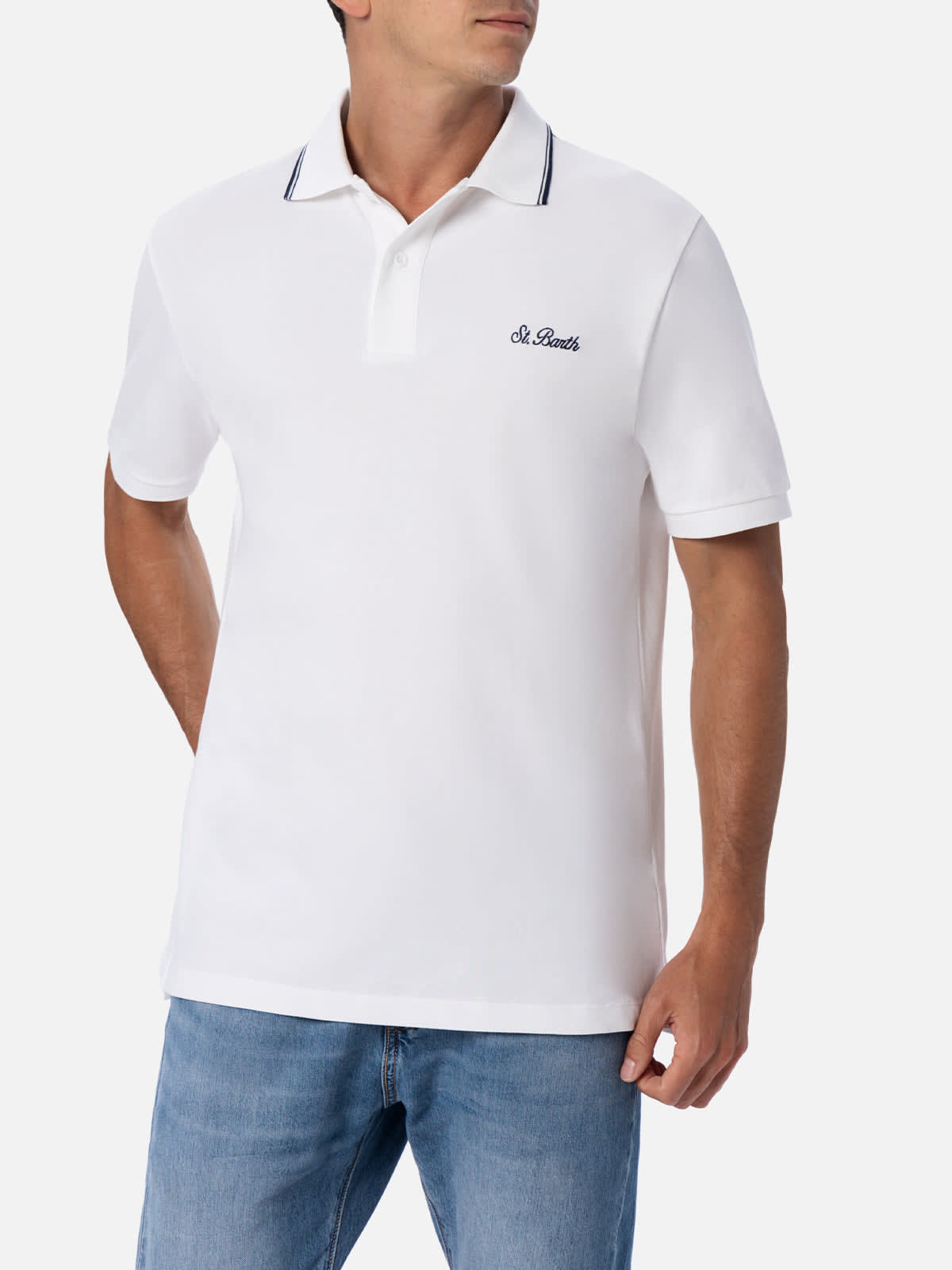 Shop Mc2 Saint Barth Man White Cotton Piquet Polo Shirt Beverly Hills