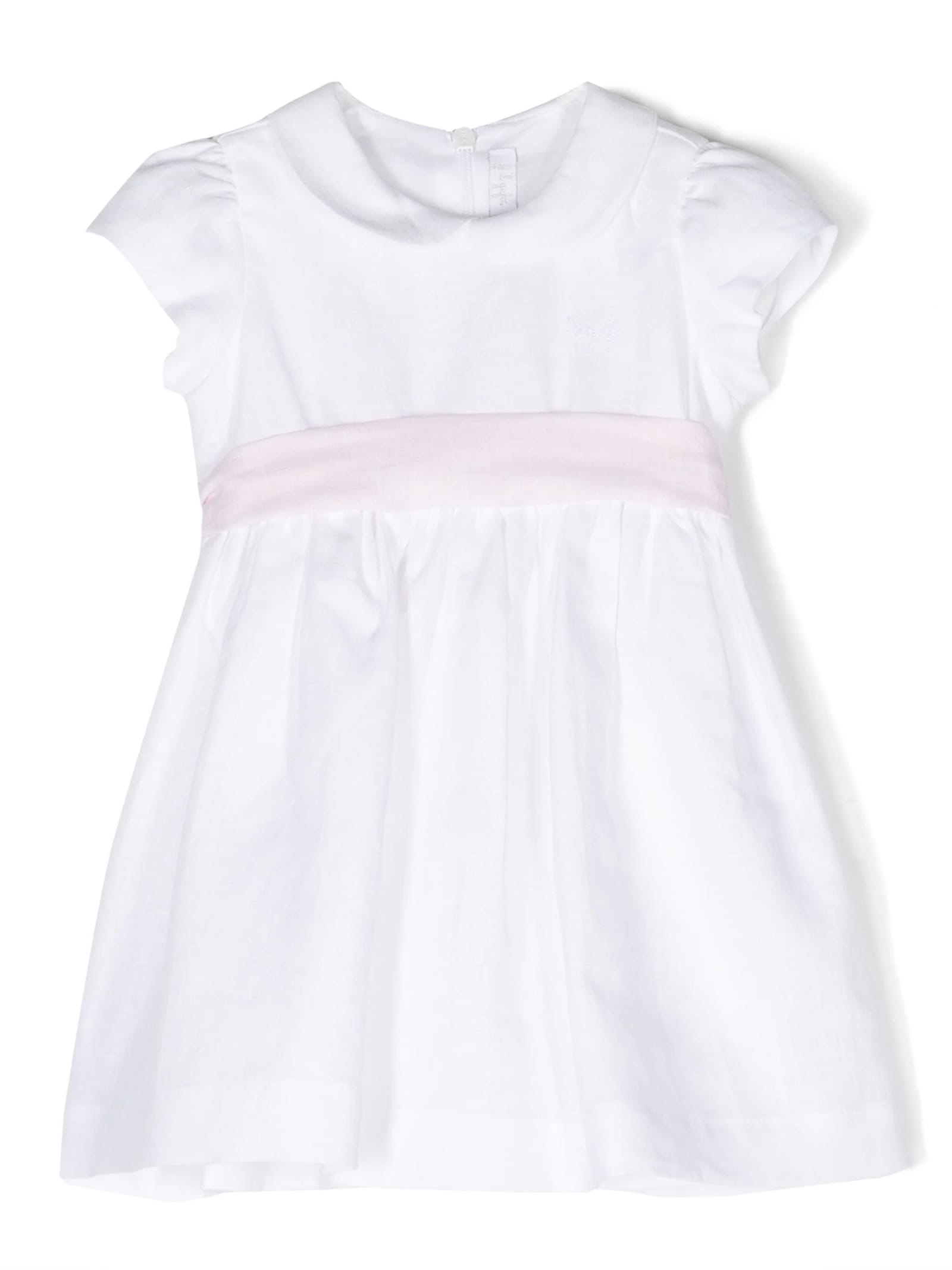 Il Gufo Babies' White Linen Dress With Pink Belt In Bianco Rosa Perla