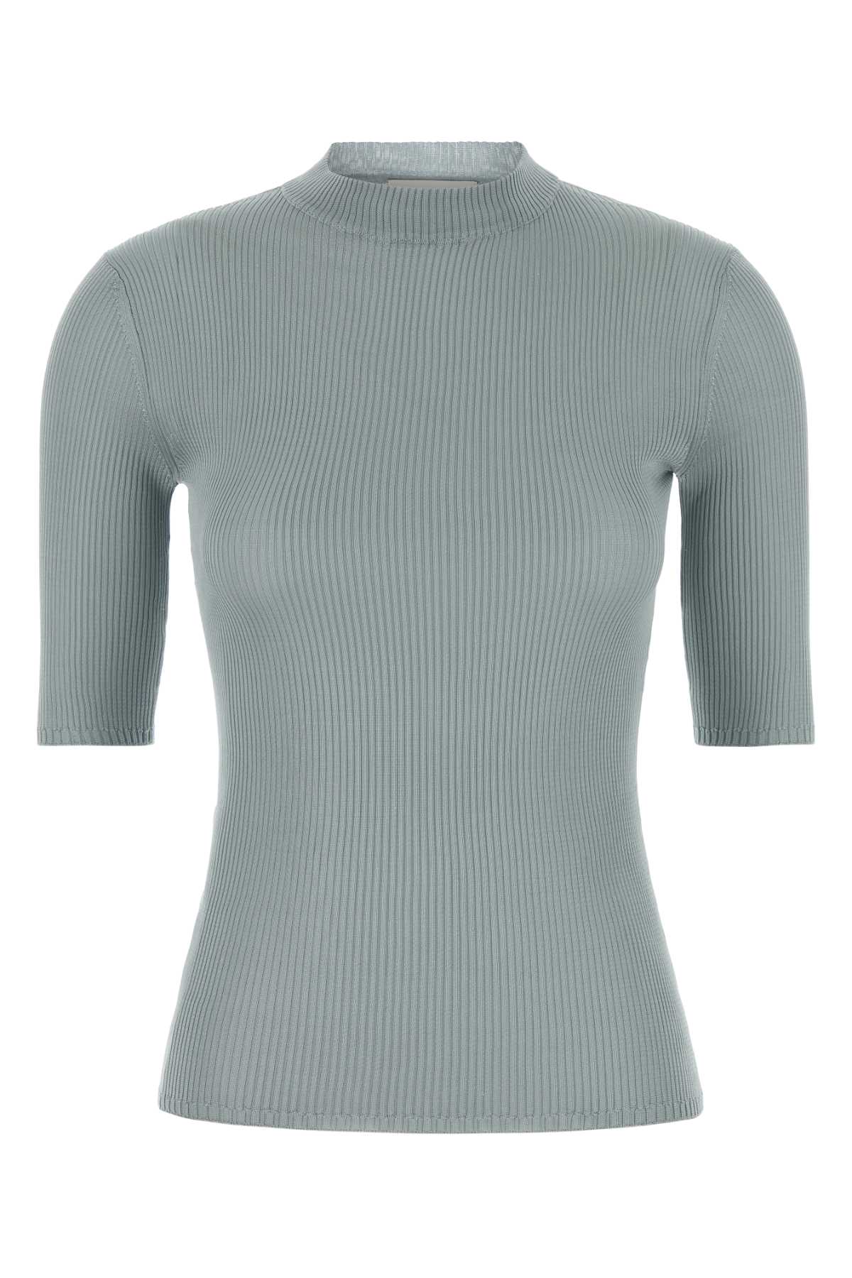 Miu Miu Silk Top With Mock Neck And Short Sleeves In Gray
