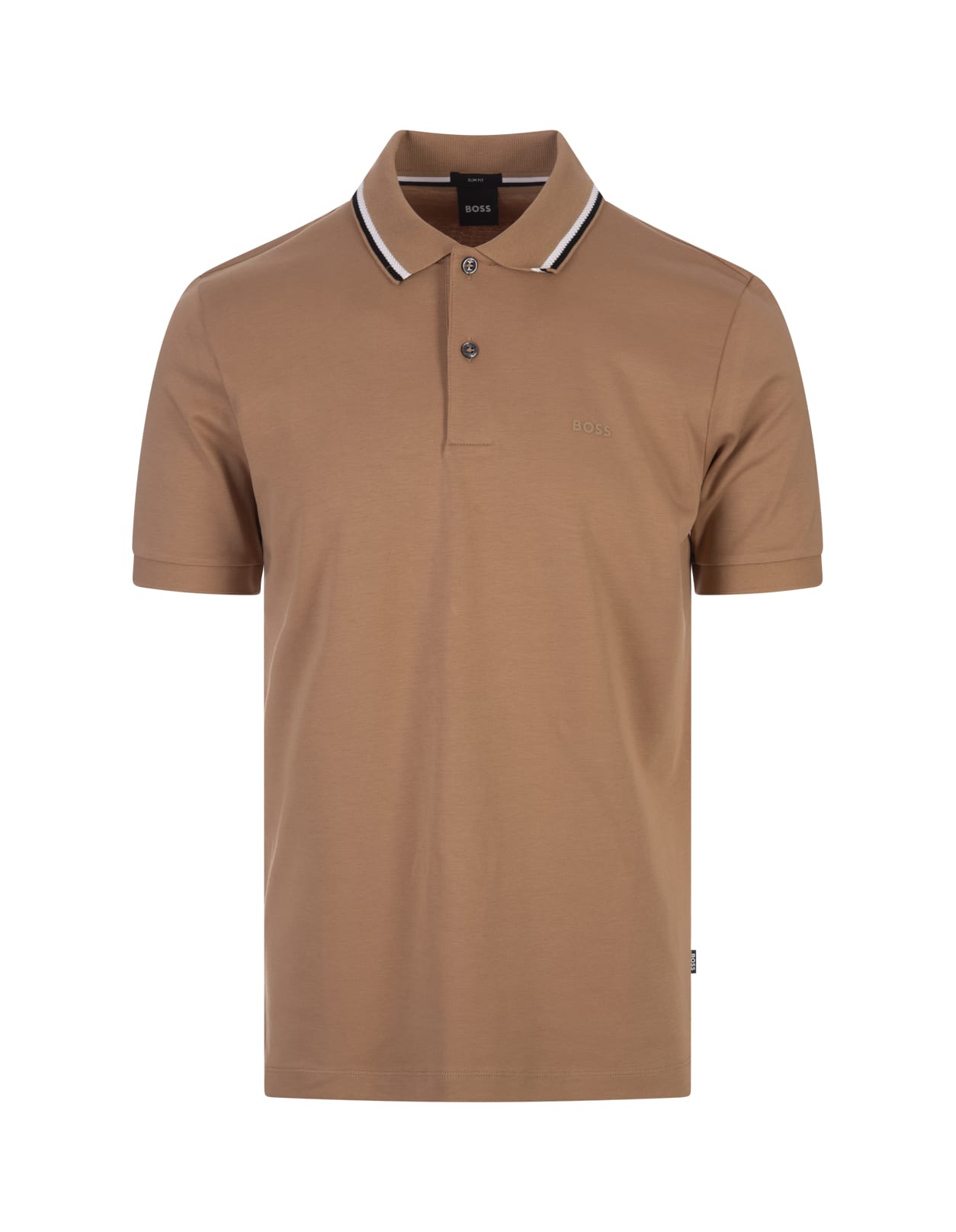 Beige Slim Fit Polo Shirt With Striped Collar
