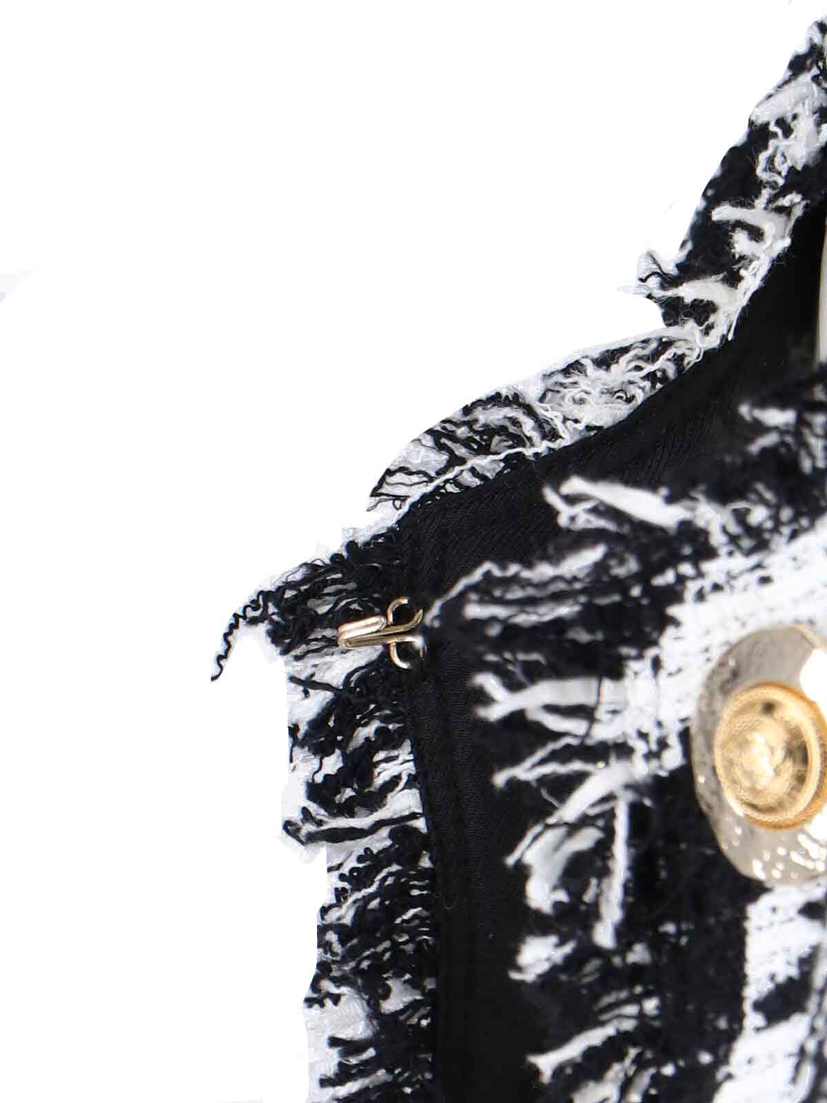 Balmain 'spencer' Black And White Jacket With All-over Check Motif And Fringed Hem In Black