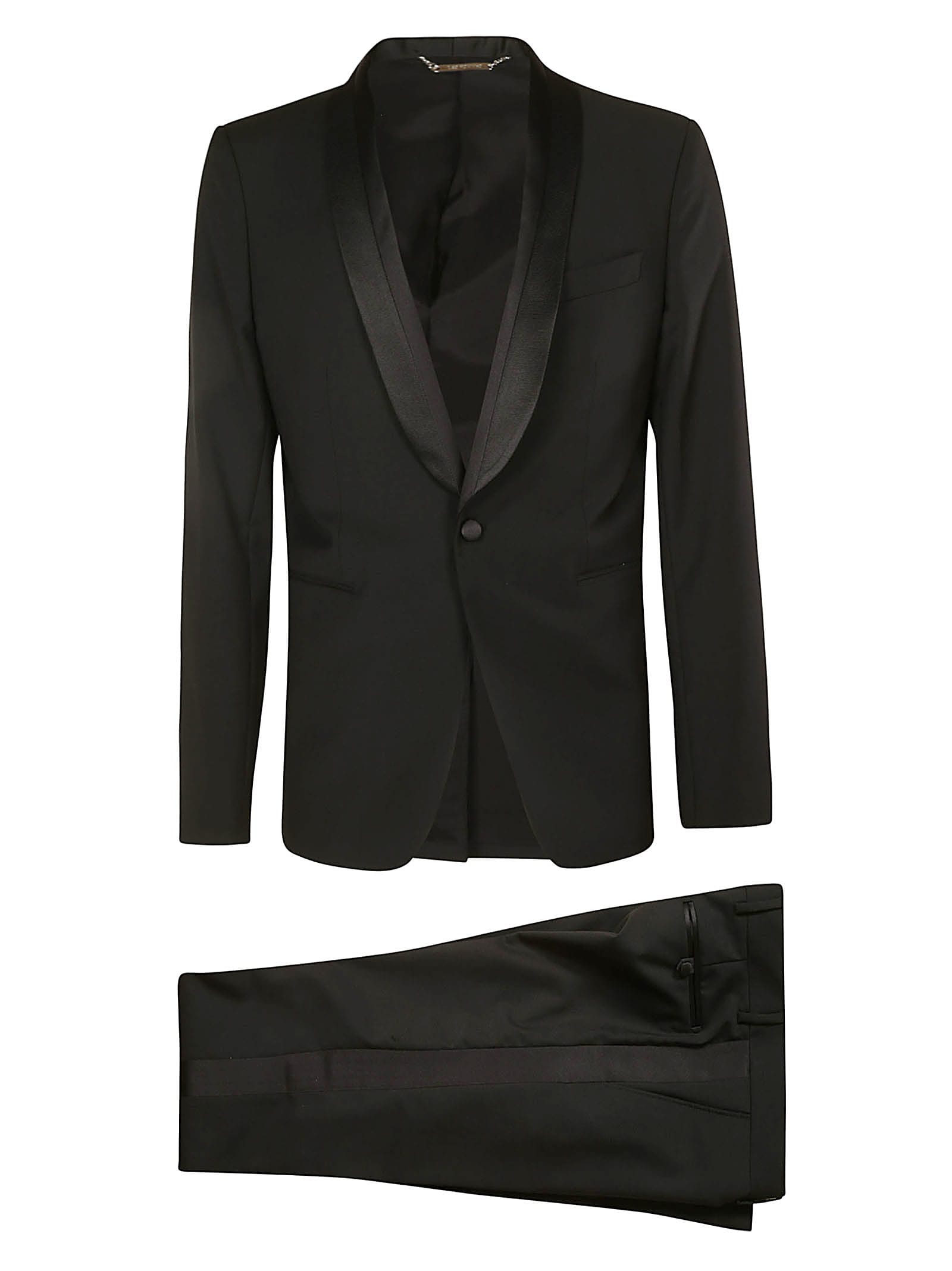Les Hommes Ottoman &amp; Satin Detailed Lapel Party Suit In Black