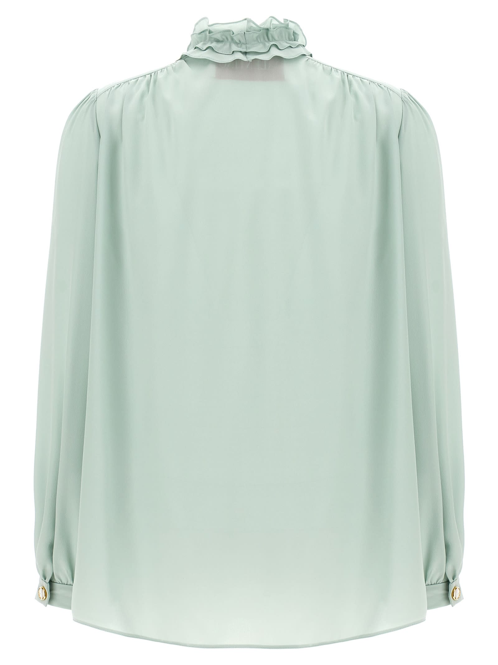 Valentino Crepe Shirt With High Neck And Ruffled Neckline In Green