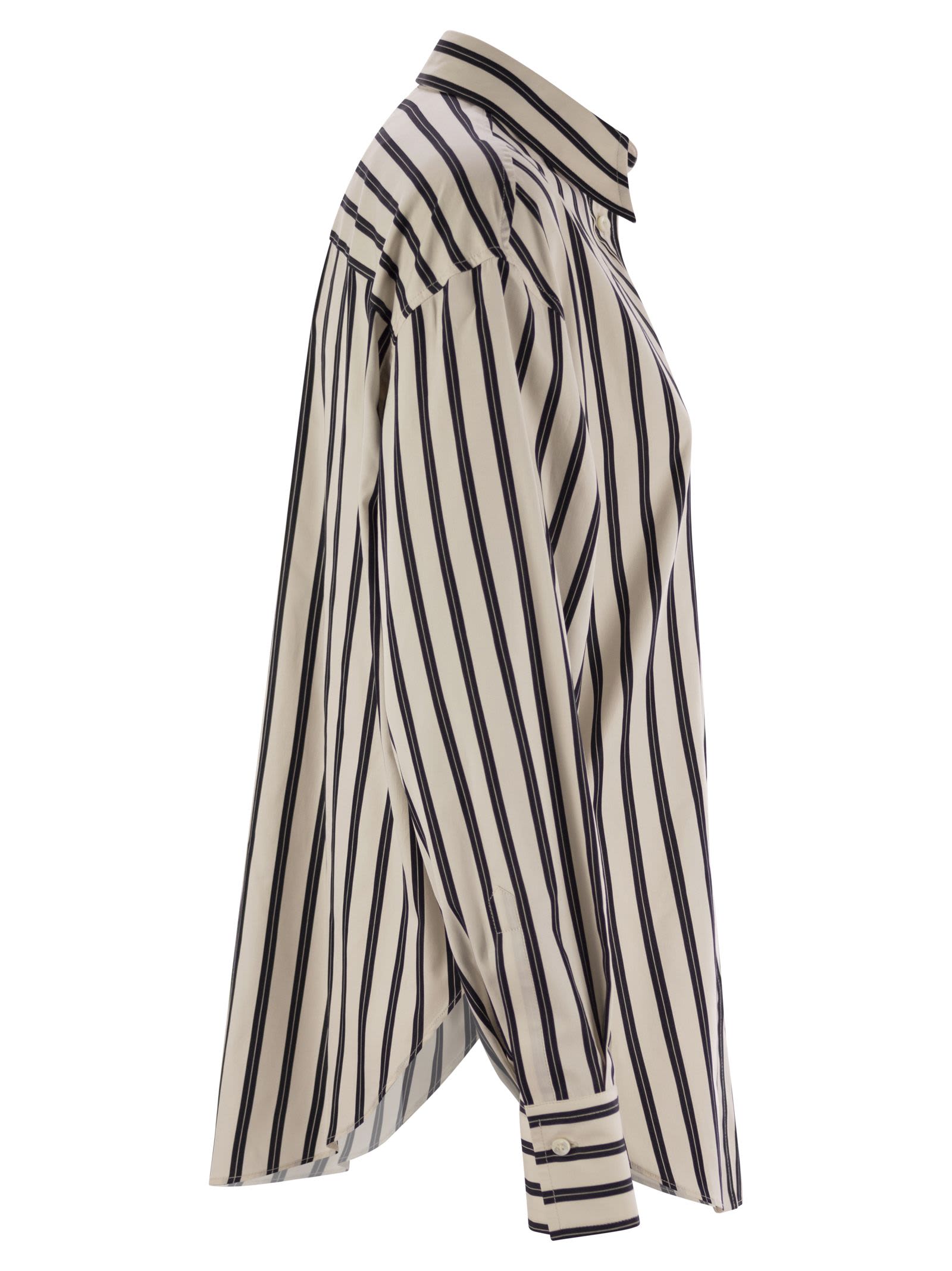Brunello Cucinelli White Shirt With Floral Embroidery On The Front And All-over Striped Motif In Bianco/nero