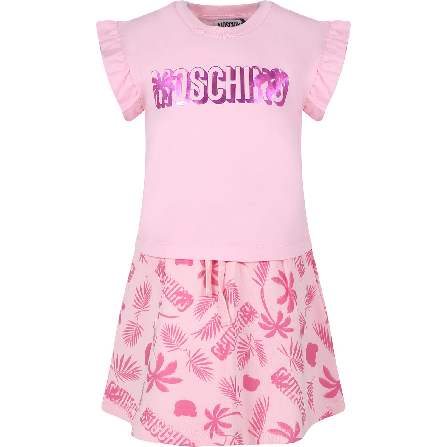 Moschino Pink Suit For Girl With Teddy Bear And Logo In Pink