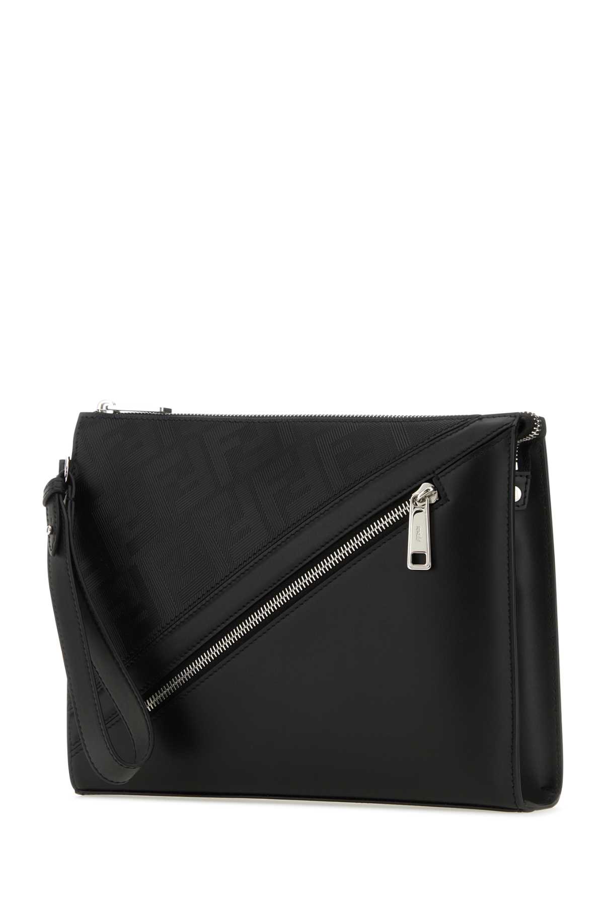 Shop Fendi Black Leather  Shadow Diagonal Clutch In Neropalladio