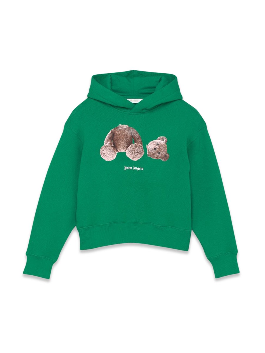 Palm Angels Kids' Felpa Con Cappuccio E Stampa Bear In Green