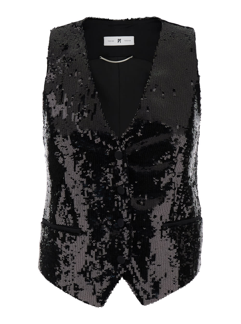 Black Sequins Vest In Techno Fabric Woman