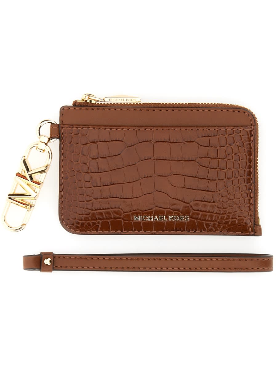 Michael Kors Crocodile Print Leather Card Case In Brown