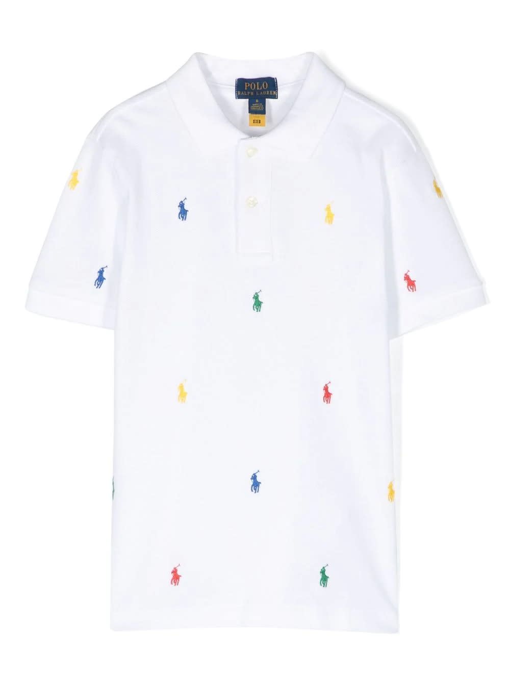 RALPH LAUREN WHITE SHORT SLEEVE POLO SHIRT WITH ALL-OVER PONY