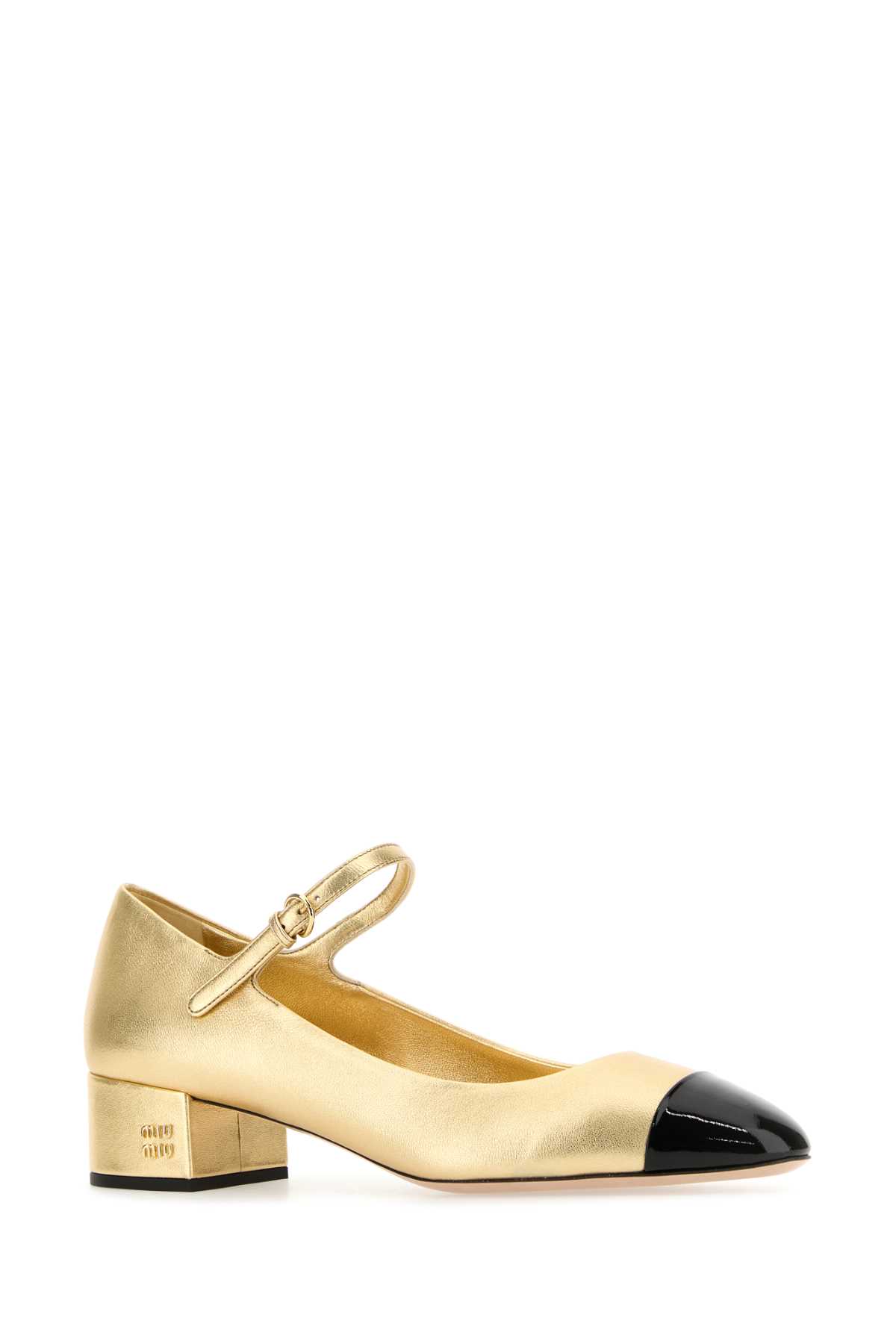 Shop Miu Miu Gold Leather Pumps In Platinonero