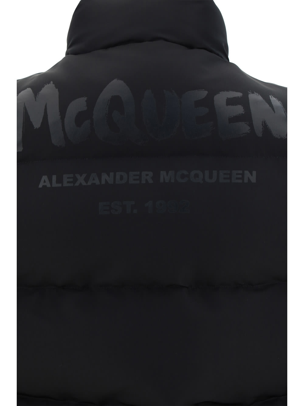 Alexander Mcqueen Men Padded And Quilted Nylon Sleeveless Jacket With Back Mcqueen Graffiti Print In Black