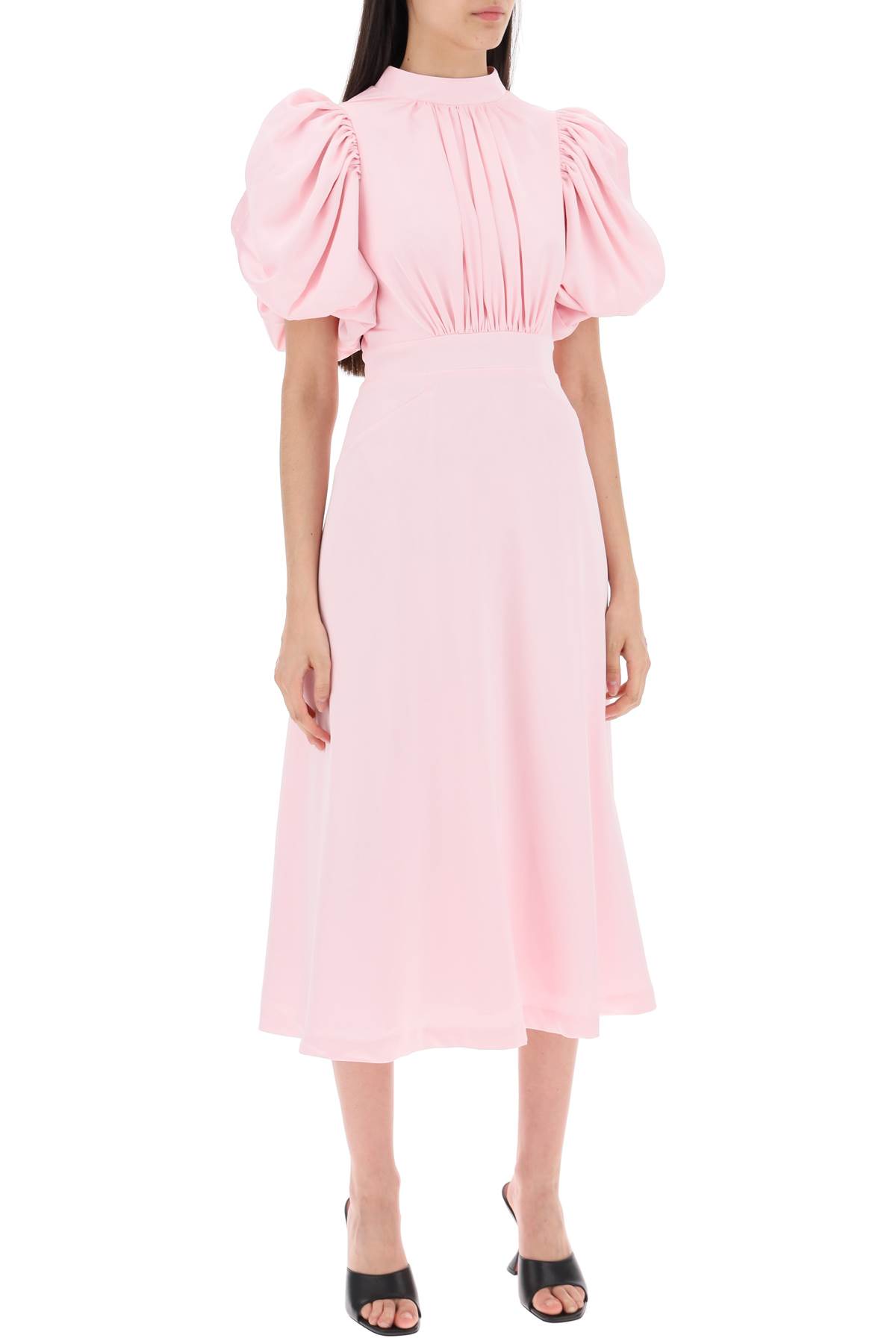 Shop Rotate Birger Christensen Midi Satin Dress With Balloon Sleeves In Blushing Bride (pink)