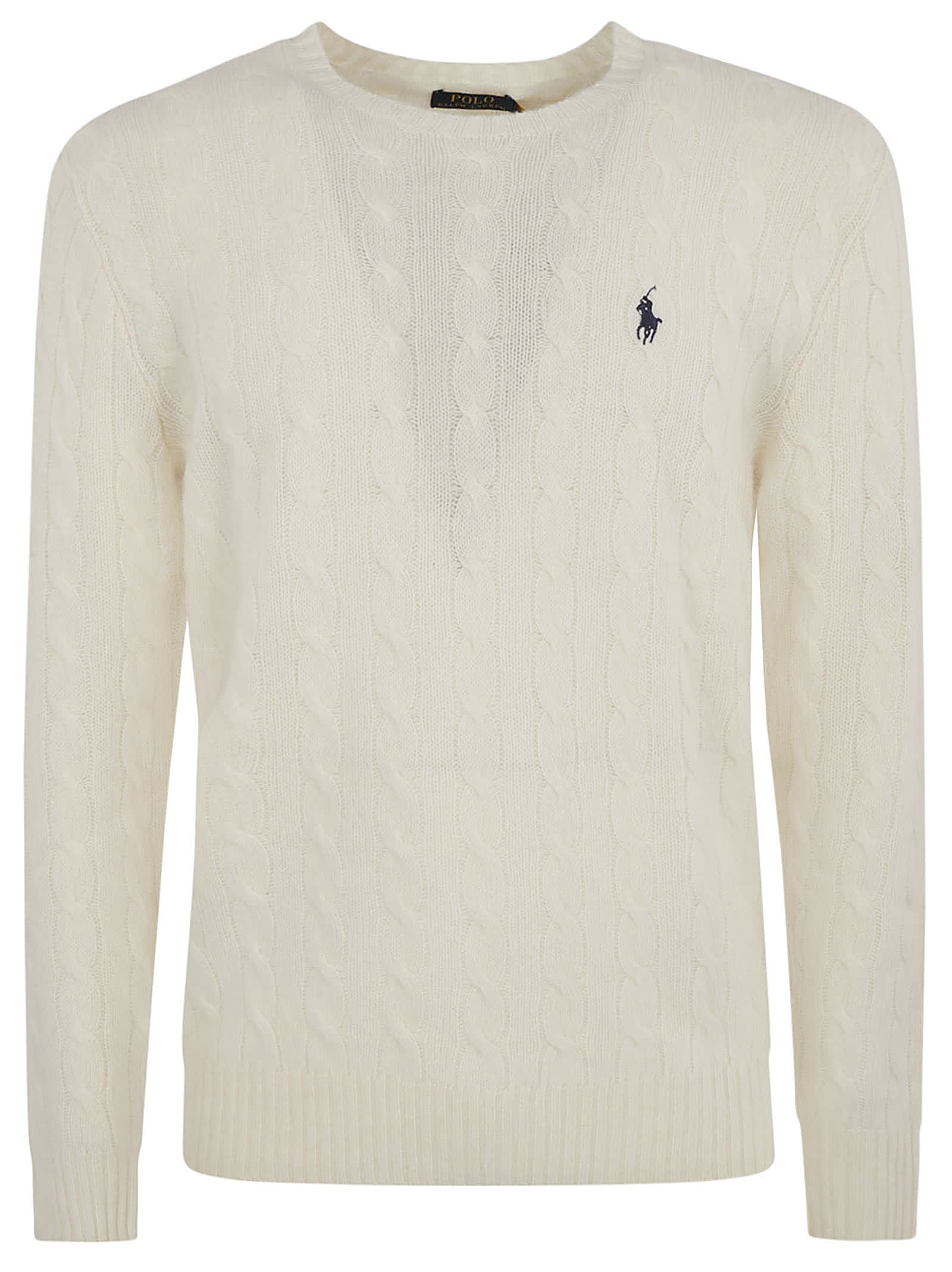 Shop Ralph Lauren Cable Knit Logo Embroidery Ribbed Sweater In Natural