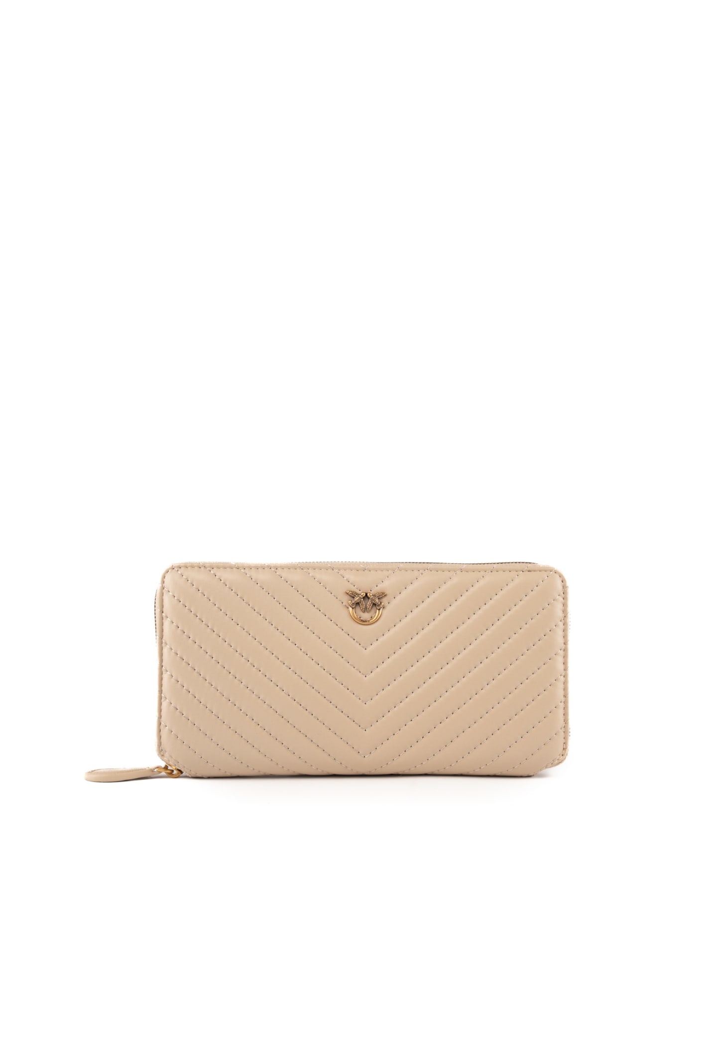 Shop Pinko Ryder Zip Wallet In Chevron Nappa In Beige-grigio