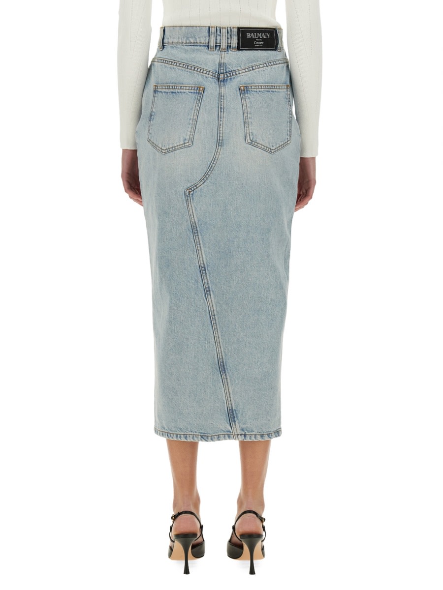 Balmain Midi Denim Skirt With Slit In Denim