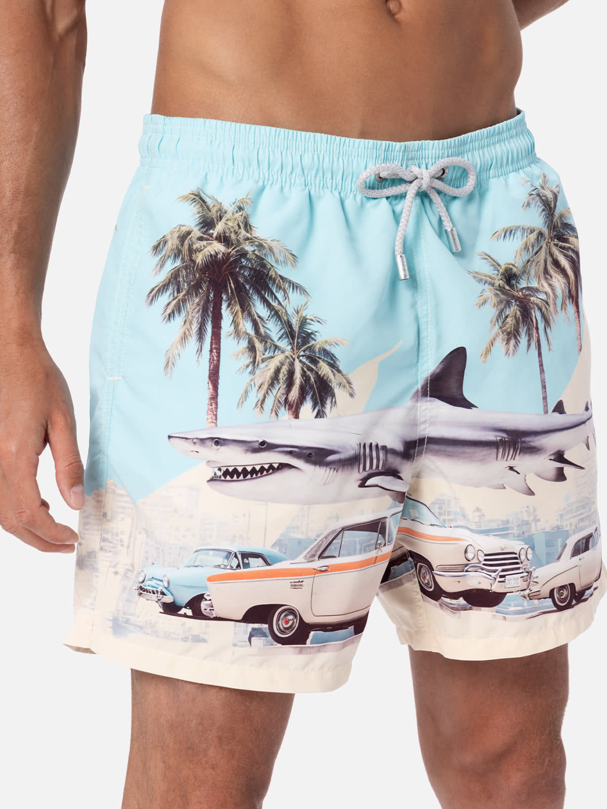 Mc2 Saint Barth Man Mid-length Gustavia Swim-shorts With Car And Shark Placed Print Ai Co-created Design By Rickdick In Green