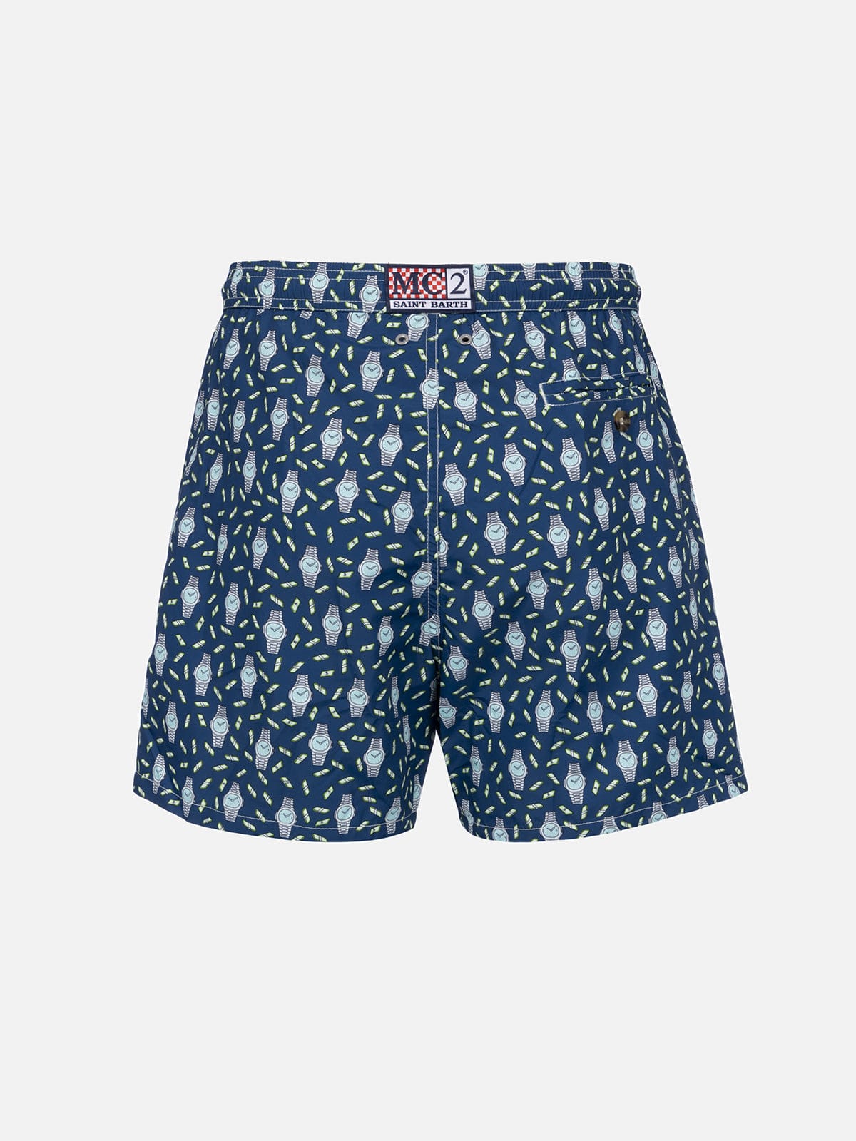 Shop Mc2 Saint Barth Man Lightweight Fabric Swim-shorts Lighting Micro Fantasy With Watches Print In Blue Navy