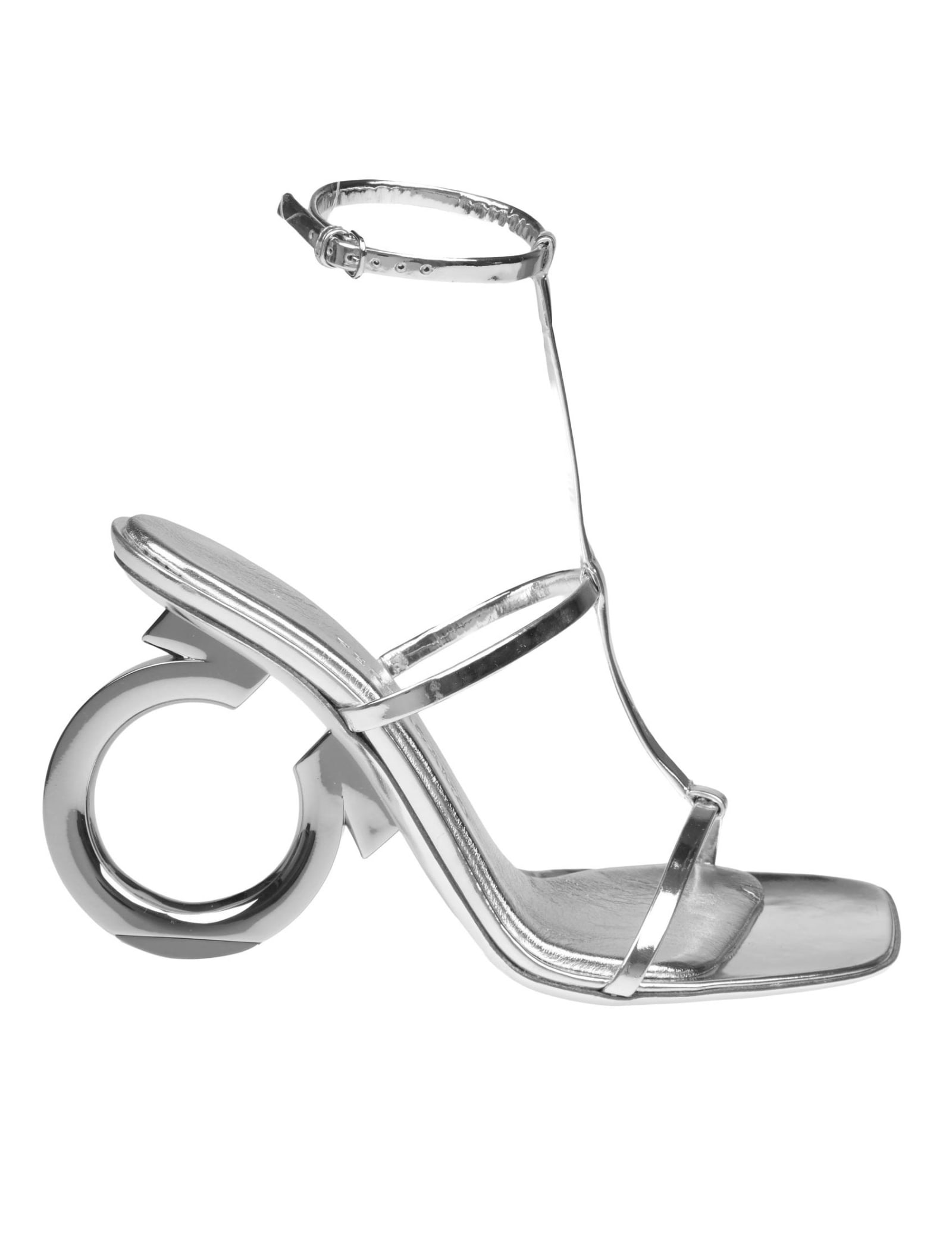 Shop Ferragamo Elina Sandal In Painted Leather With Gancini Heel In Silver